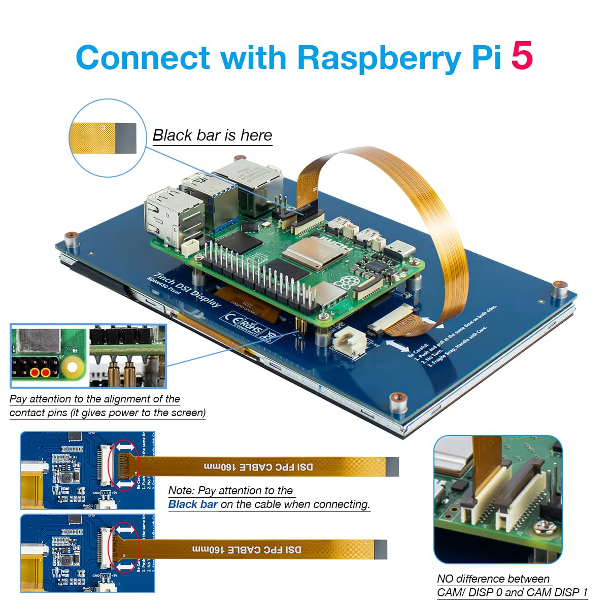 Hosyond 7 Inch Touchscreen IPS DSI Display Compatible with Raspberry Pi 5/4/3, 800x480 Pixel Capacitive Screen MIPI Driver-Free Interface