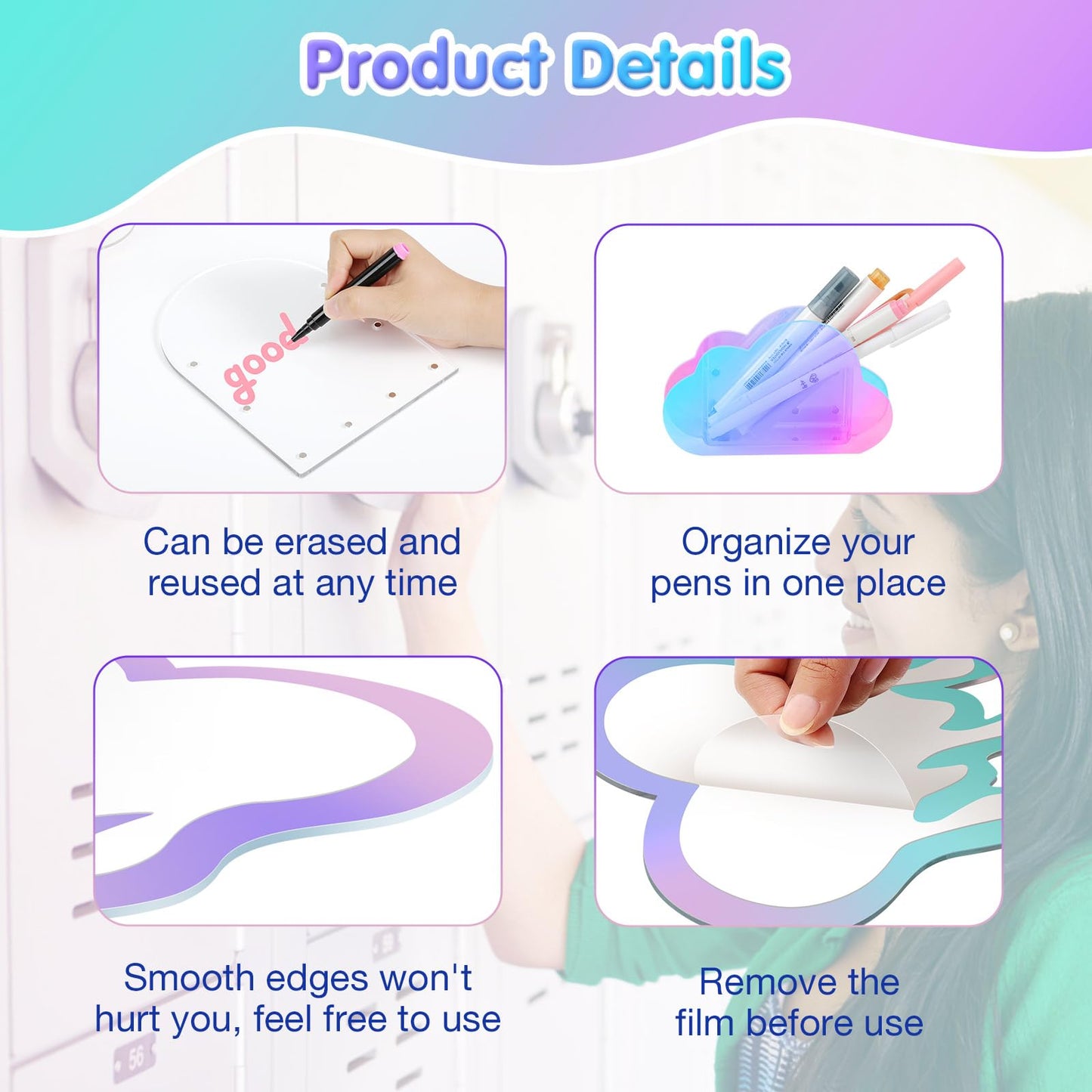 MoKo Locker Accessories Set, 5 in 1 Back to School Supplies College Essentials Includes Magnetic Acrylic Board, Locker Mirror, Markers Holder, Marker Pens and Locker Magnets, Heart Shape