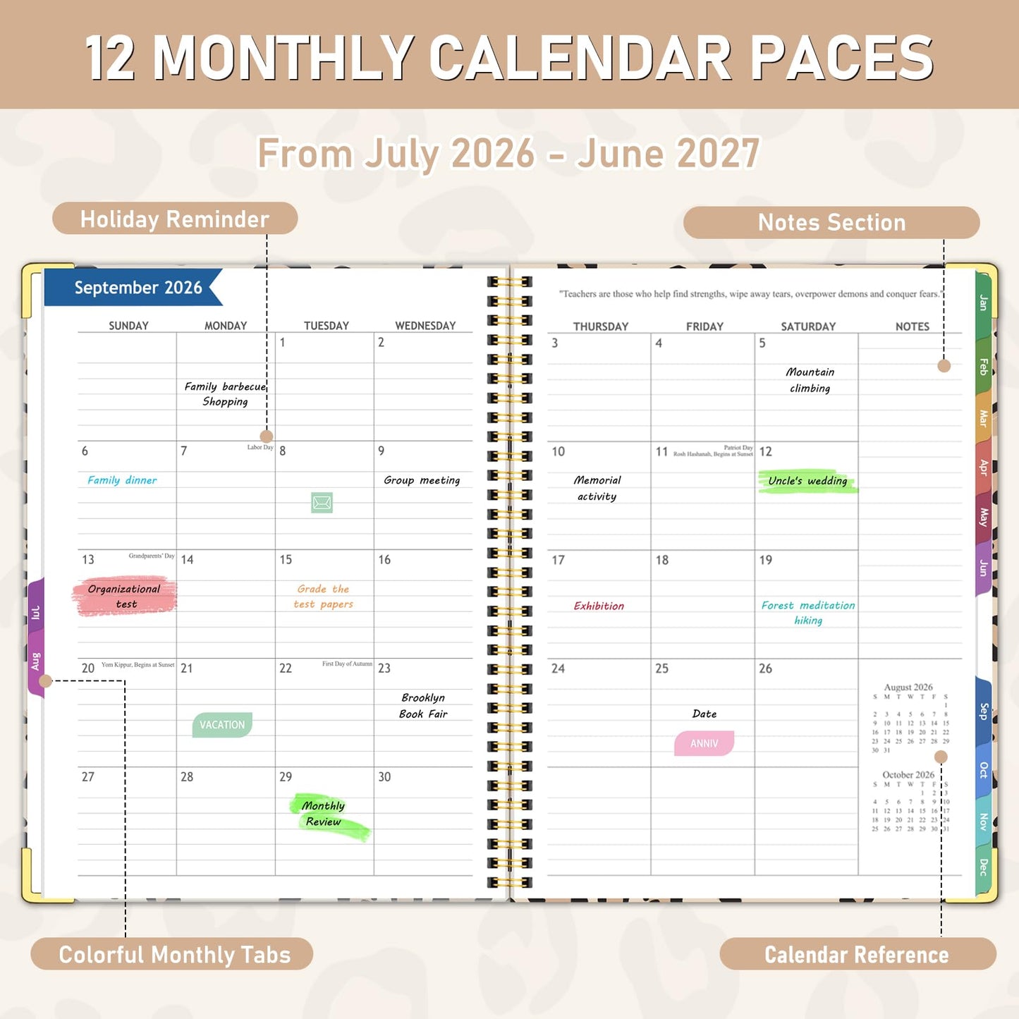 Teacher Planner 2026-2027, Jul 2026-Jun 2027 Academic Year, 8.5" x 11" Lesson Planner Book for Teacher Calendar, Spiral Bound Planners, Colorful Monthly Tabs, Planning Stickers, Leopard