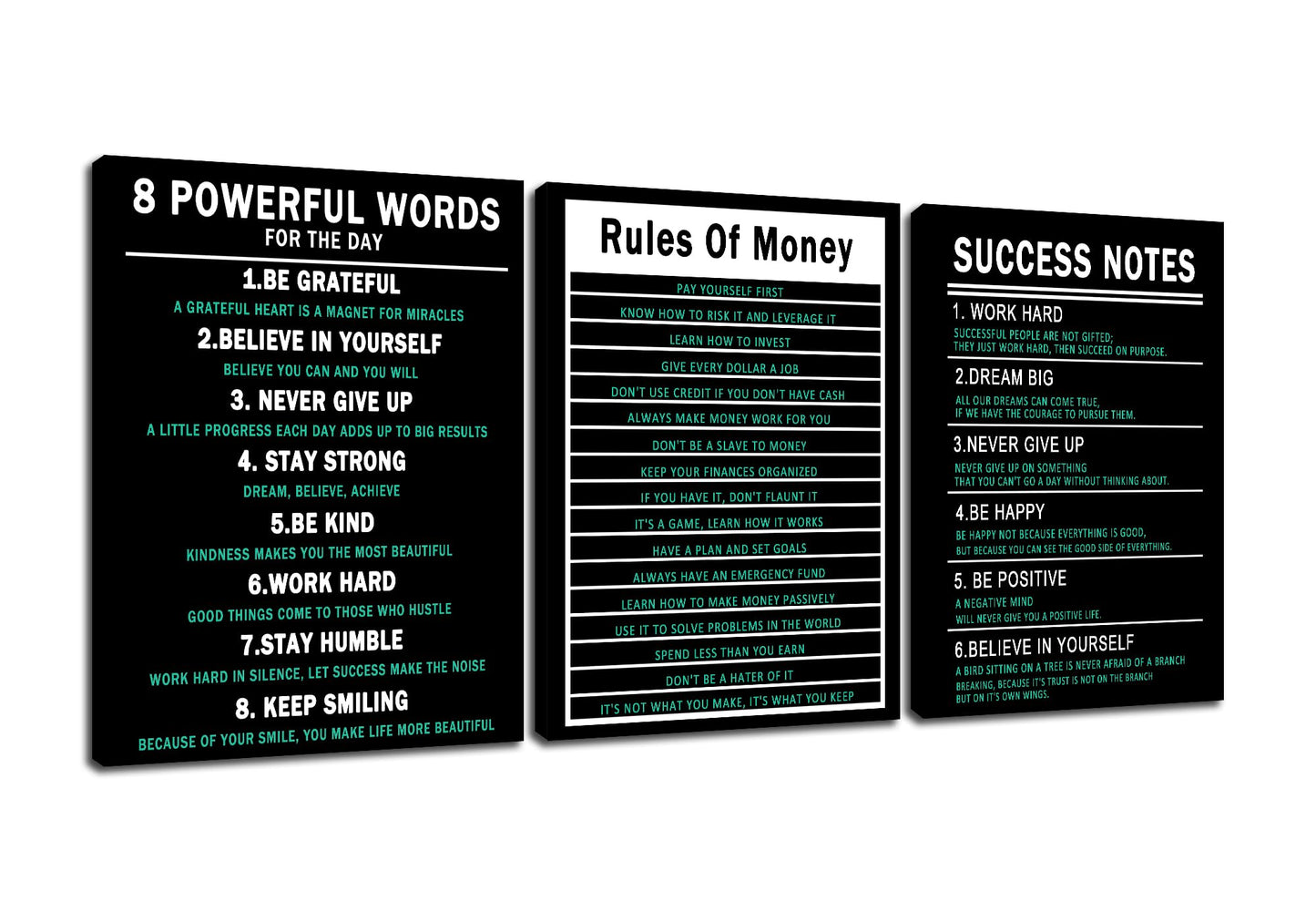 PSYYSP 3 Piece Canvas Wall Art Life Upgrade Money Rules Success Notes Posters, Black Teal Motivational Triptych Wall Decor for Office, Bedroom, Dorm, Framed Canvas 36x16inch