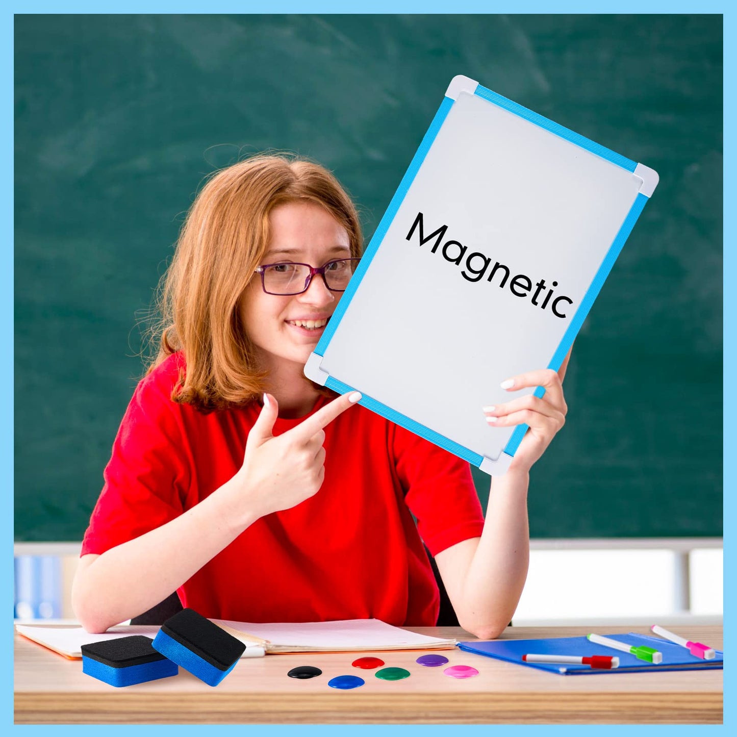 Colarr 12 Pack Hanging Magnetic Dry Erase Board 8'' x 12'' Small Double Sided White Board for Students Teachers Mini Whiteboard Bulk School Supplies Including Markers Magnetic Buttons and Blue Erasers