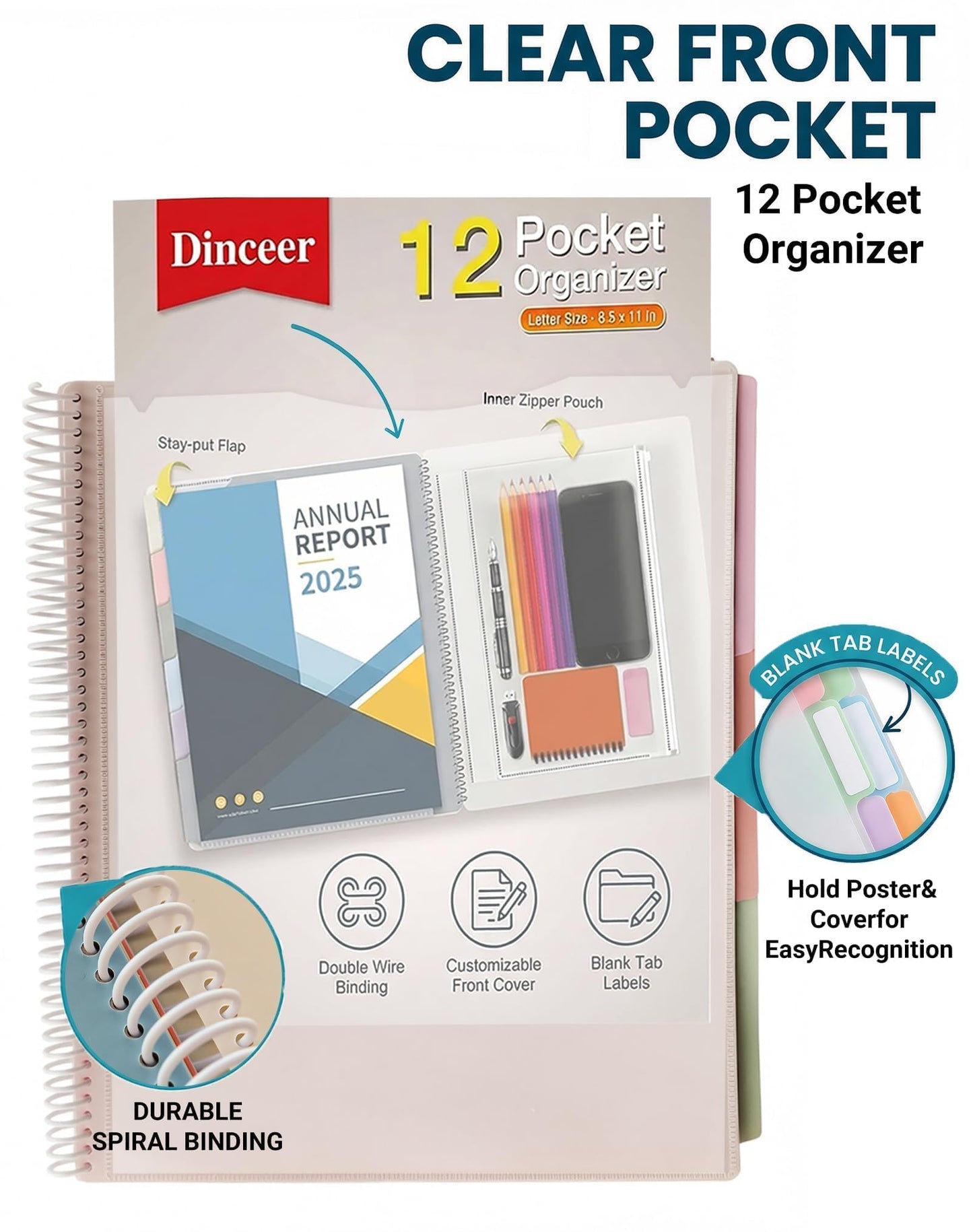 Dinceer 12 Pocket Spiral Project Organizer Folder, Morandi Color Multi Pocket Folder with Inner Zipper Pouch for School, Office, Bills and Documents