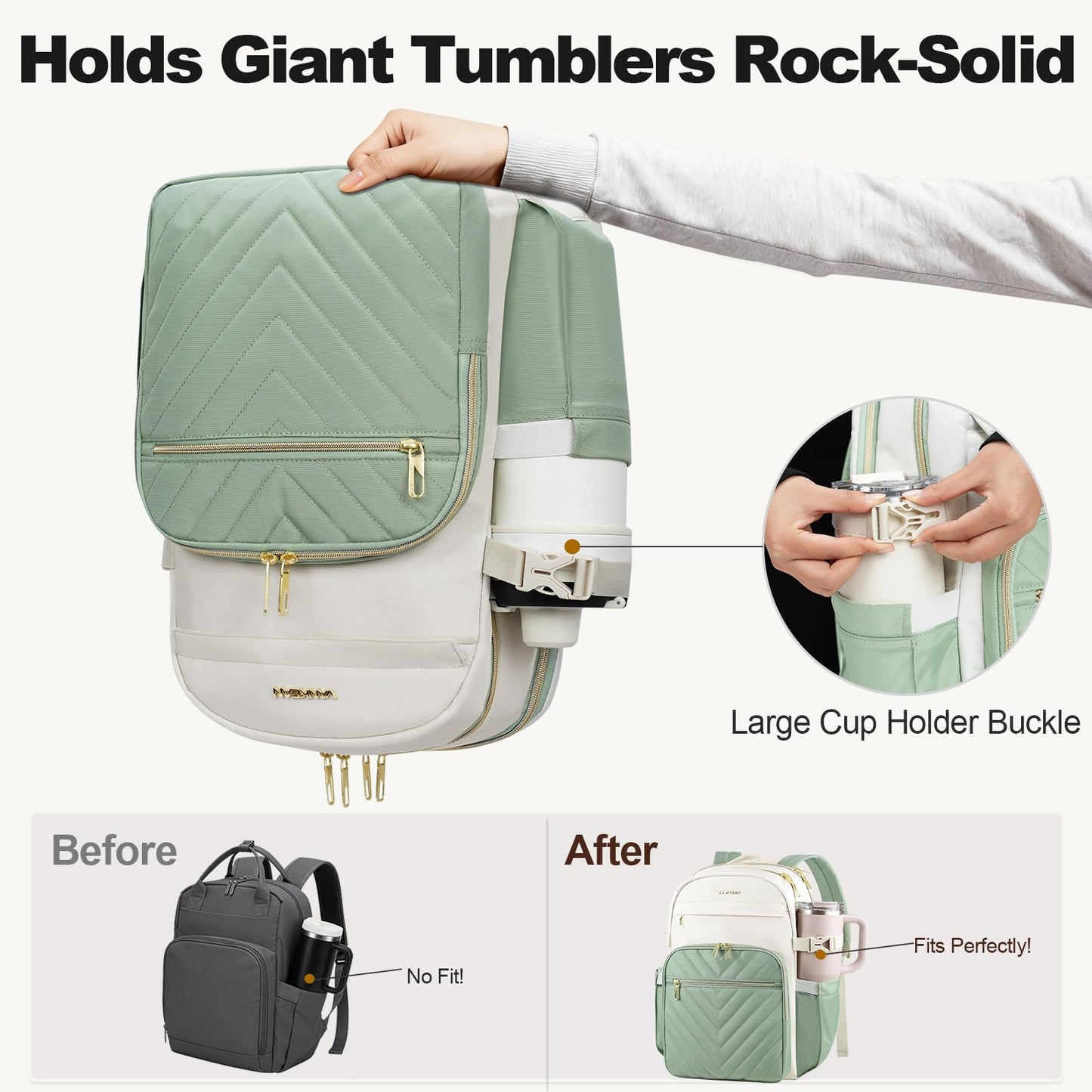 VANKEAN Laptop Backpack for Women with Pouch Pocket for Large Capacity Tumbler, 15.6 Inch Laptop Computer Bag Travel Backpack Purse,Waterproof Work Business College Teacher Bags, Beige-Light Green