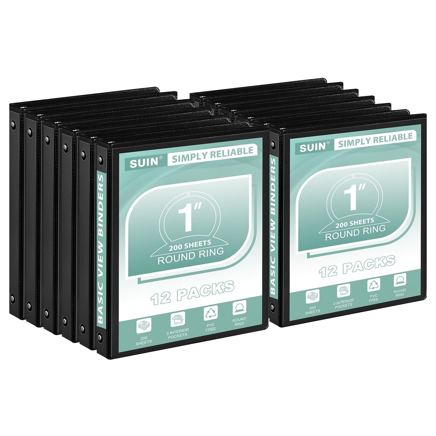 SUIN1-Inch 3-Ring-Binder, Customizable Clear View Cover, for US Letter Size 8-1/2 x 11'', Perfect for Office/School (Black - 12 Packs)