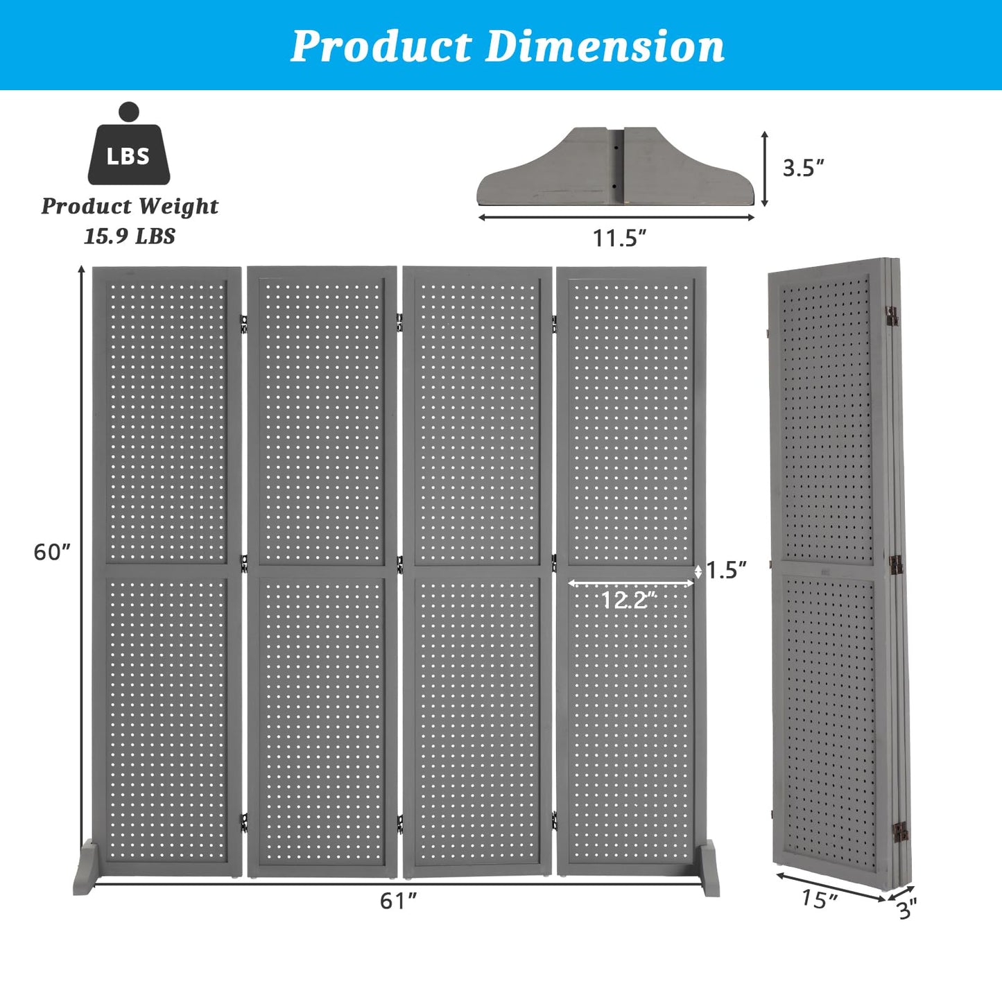 Bonnlo 4 Panel Pegboard Freestanding, 5 FT Portable Display Board Organizer for Craft Show Jewelry, Wooden Folding Privacy Screen Room Divider (with Base, Grey)