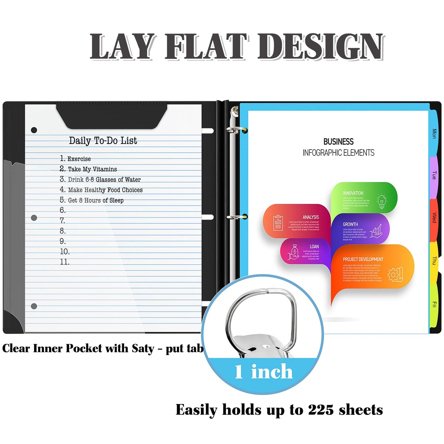 INFUN 1 Inch Telescoping Project Organizer Binder-2PCS,13 Pocket, Customizable Front Cover, 5 Colors Pocket Divider and Plastic Binder Pocket，225 Sheet Capacity-Black