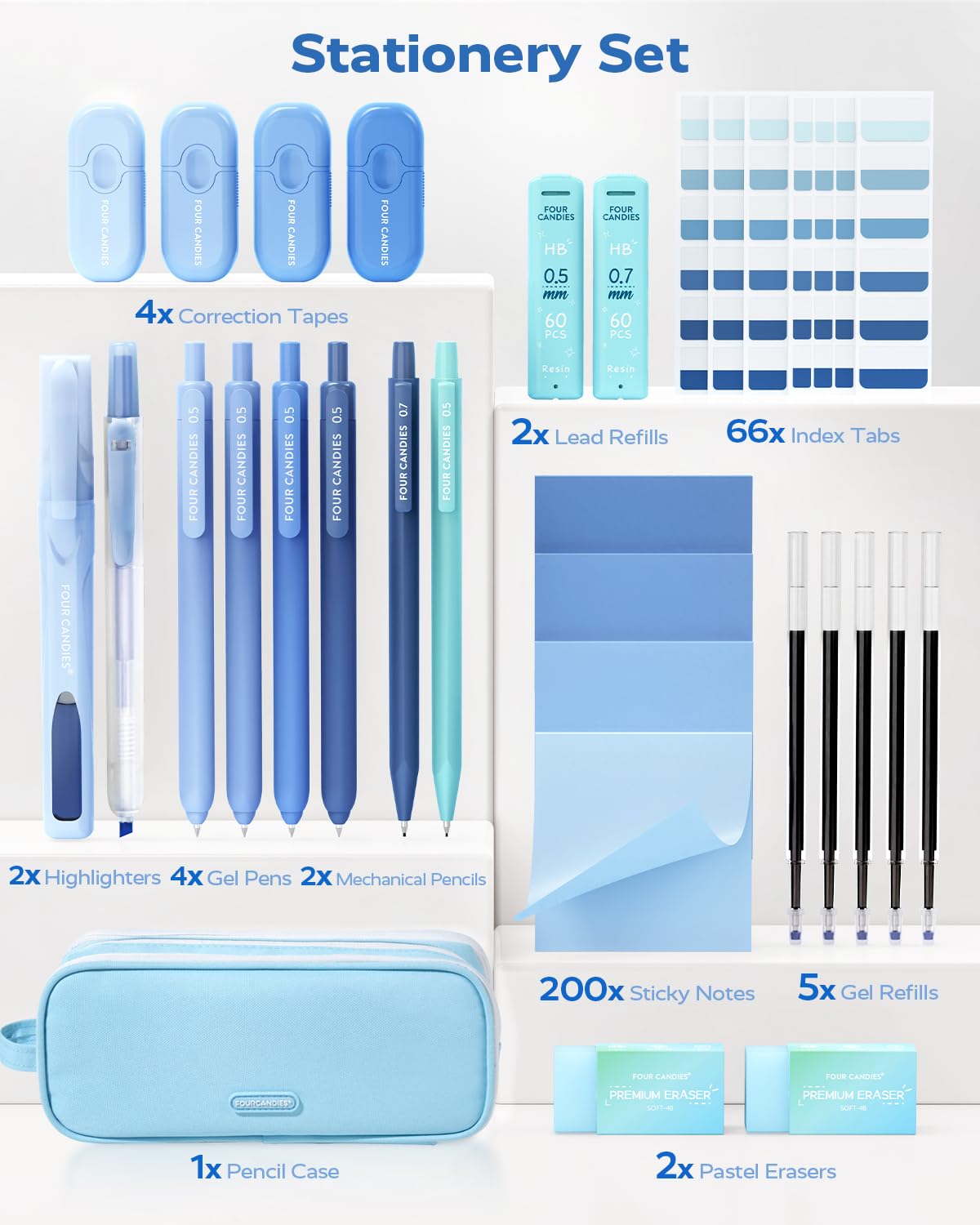 Four Candies Blue Office Supplies, Gel Pens with Black Ink, Correction Tapes,Pastel Highlighters, Mechanical Pencils, Sticky Notes, Index Post for Bible Study Stationary College Essentials
