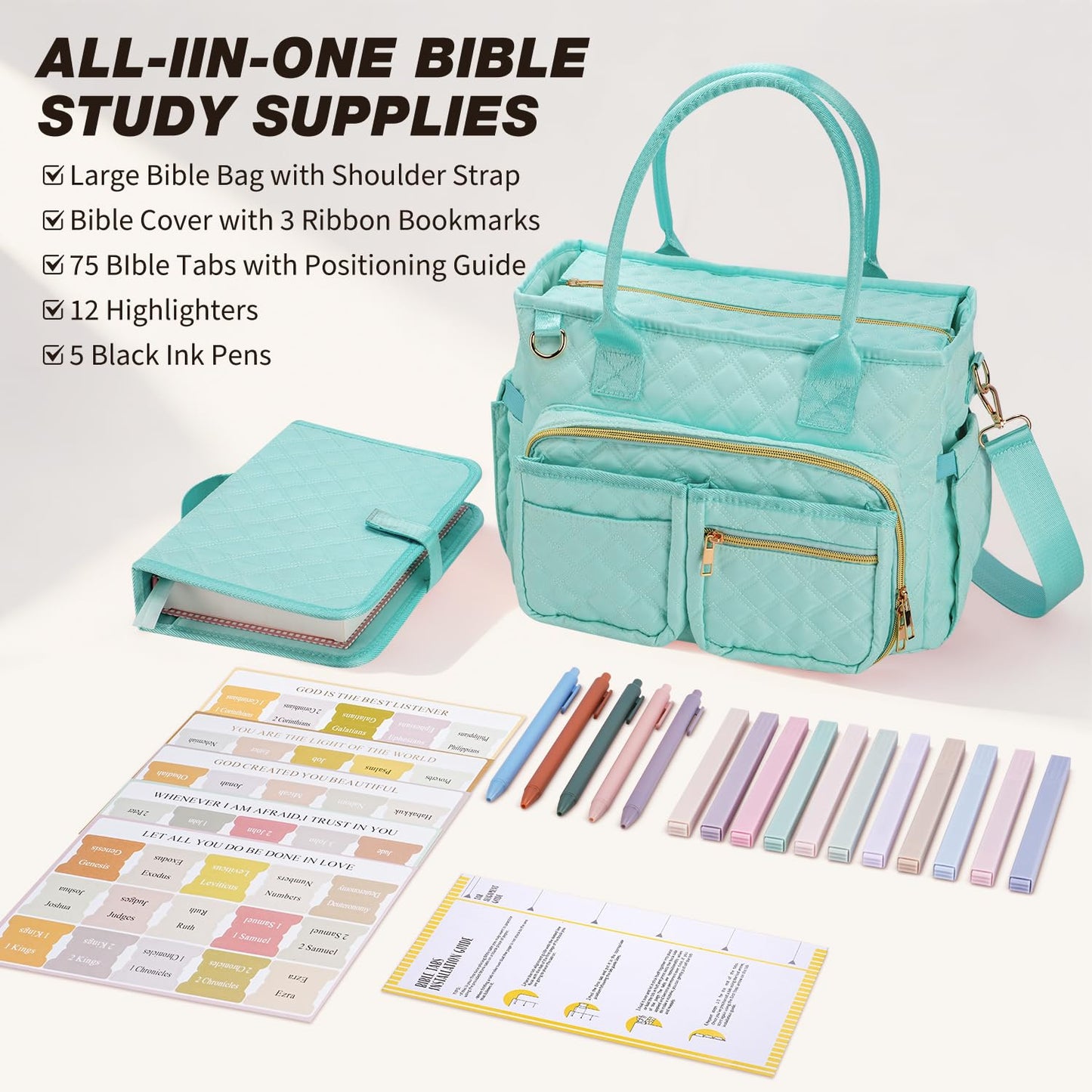 KOPKOFT Large Bible Cover Case for Women, Quilted Church Tote Bag with Shoulder Strap, Bible Study Supplies Journaling Kit Bible Accessories, Christmas Christian Gift for Women (Blue Green)