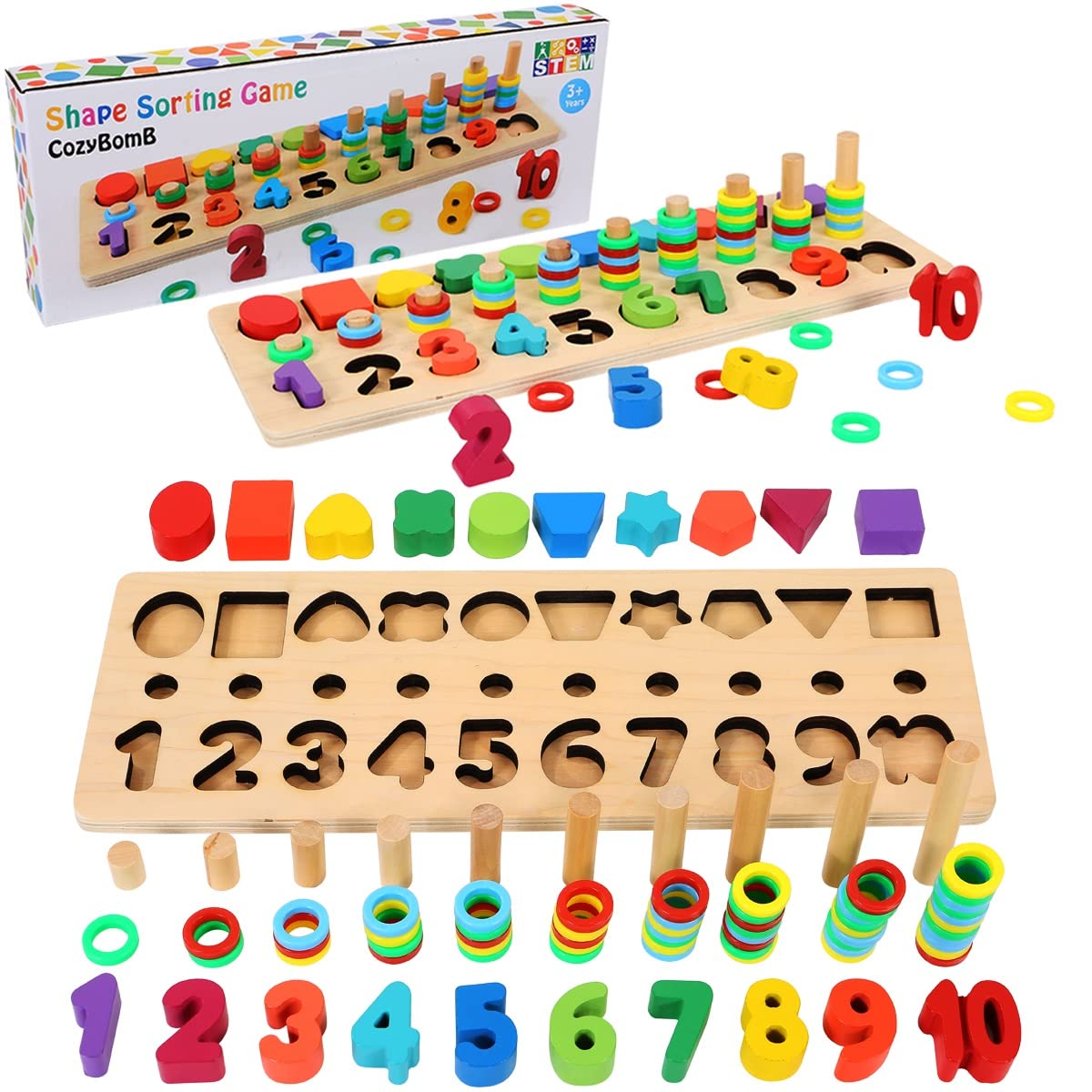 CozyBomB™ Montessori Educational Wooden Toys for Kids Toddler Number Puzzles Sorter Counting Shape Stacker Stacking Game Preschool Math Blocks Toys Gifts for Boy Girl Birthdays Christmas Holidays