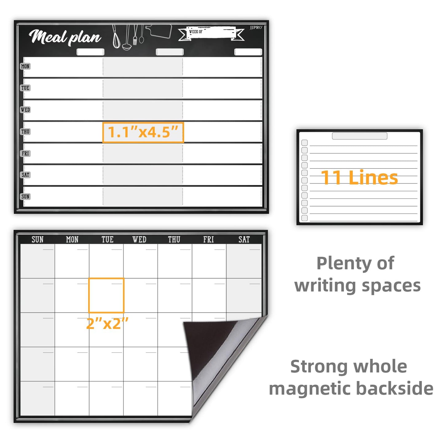 JJPRO Magnetic Monthly Calendar and Meal Planning Board Set for Fridge-Dry Erase Monthly Calendar for Refrigerator, Menu Whiteboard -Bonus to-do Notepad