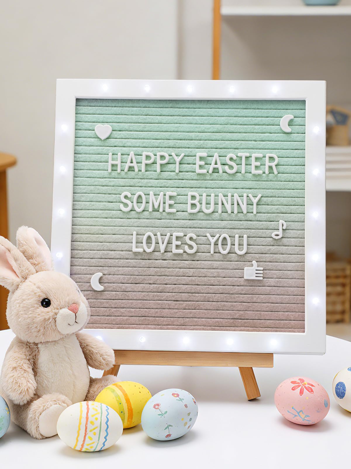 Changeable Felt Letter Board with LED Lights - 10×10" Message Custom Signs & Wood Stand & 450 Letters, Poster Board for Baby/Pregnancy Announcement/Classroom Decor Gifts First Day of School, Gradient