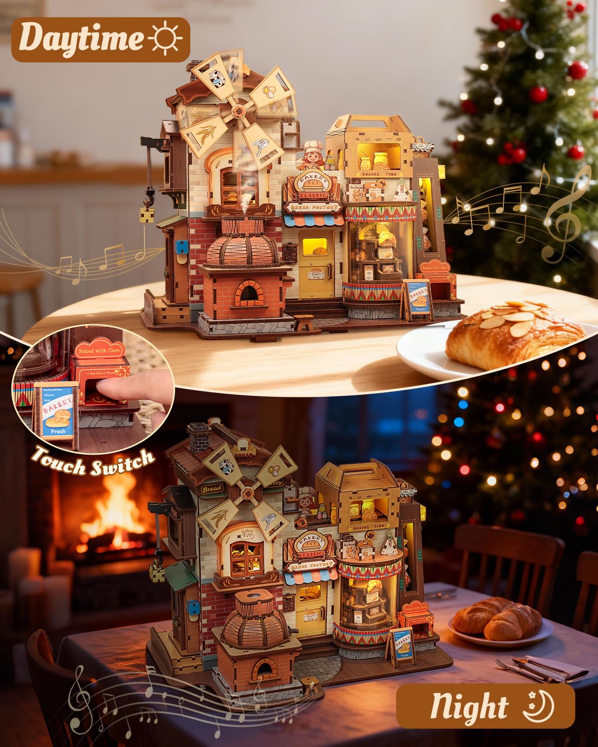 CUTEBEE 3D Wooden Puzzles for Adults - Bread Factory Bakery 576pcs Wooden Mechanical Model DIY Building Kit with Music and Lights, Bookshelf Decor, DIY Craft Gifts for Adults（Bread Factory）