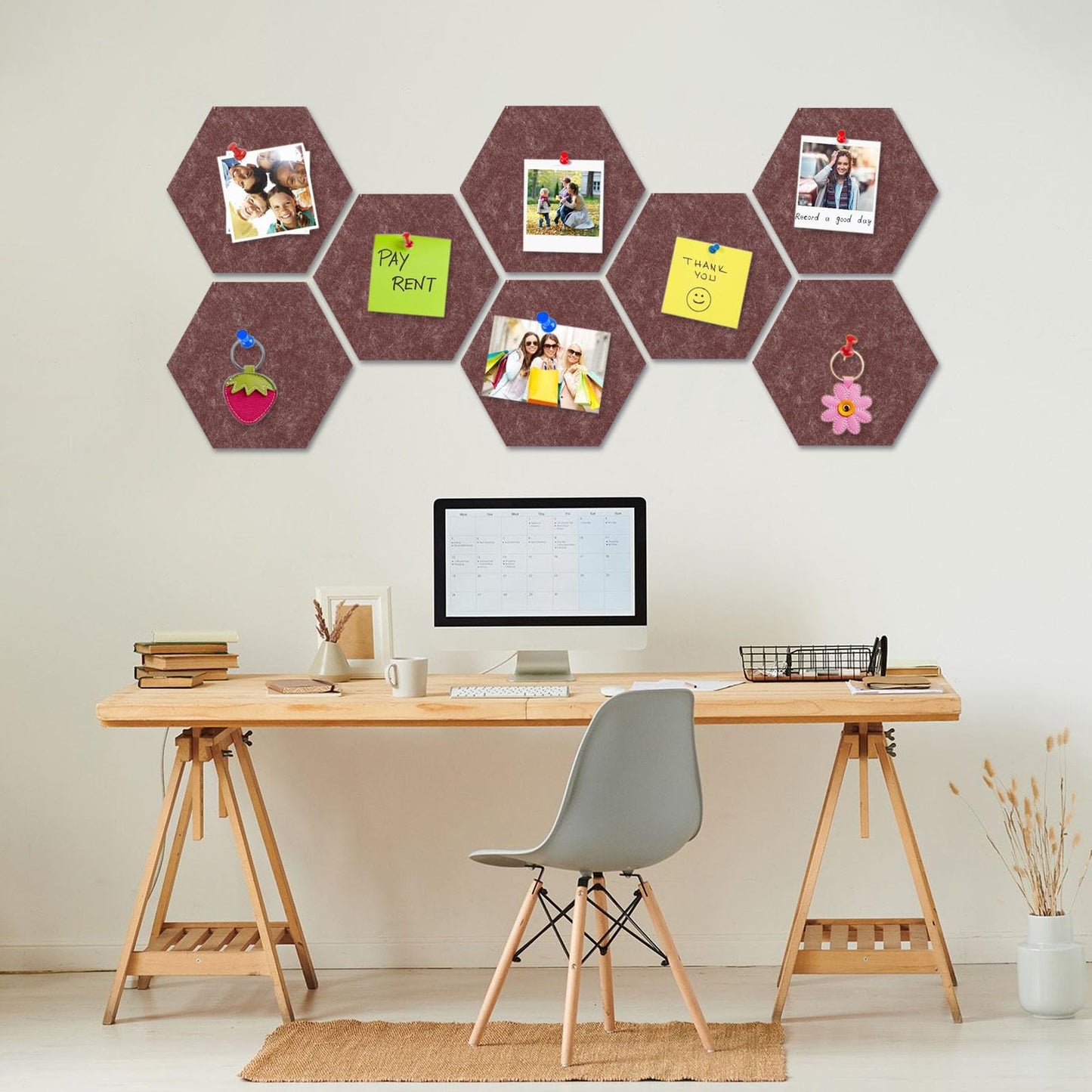 8 Packs Brown Hexagon Felt Pin Board, 12" Bulletin Board with 30 Push Pins, Felt Board for Home Kitchen Office Decor, Self-Adhesive Corkboard Tiles for Walls Message Photos Memos Display