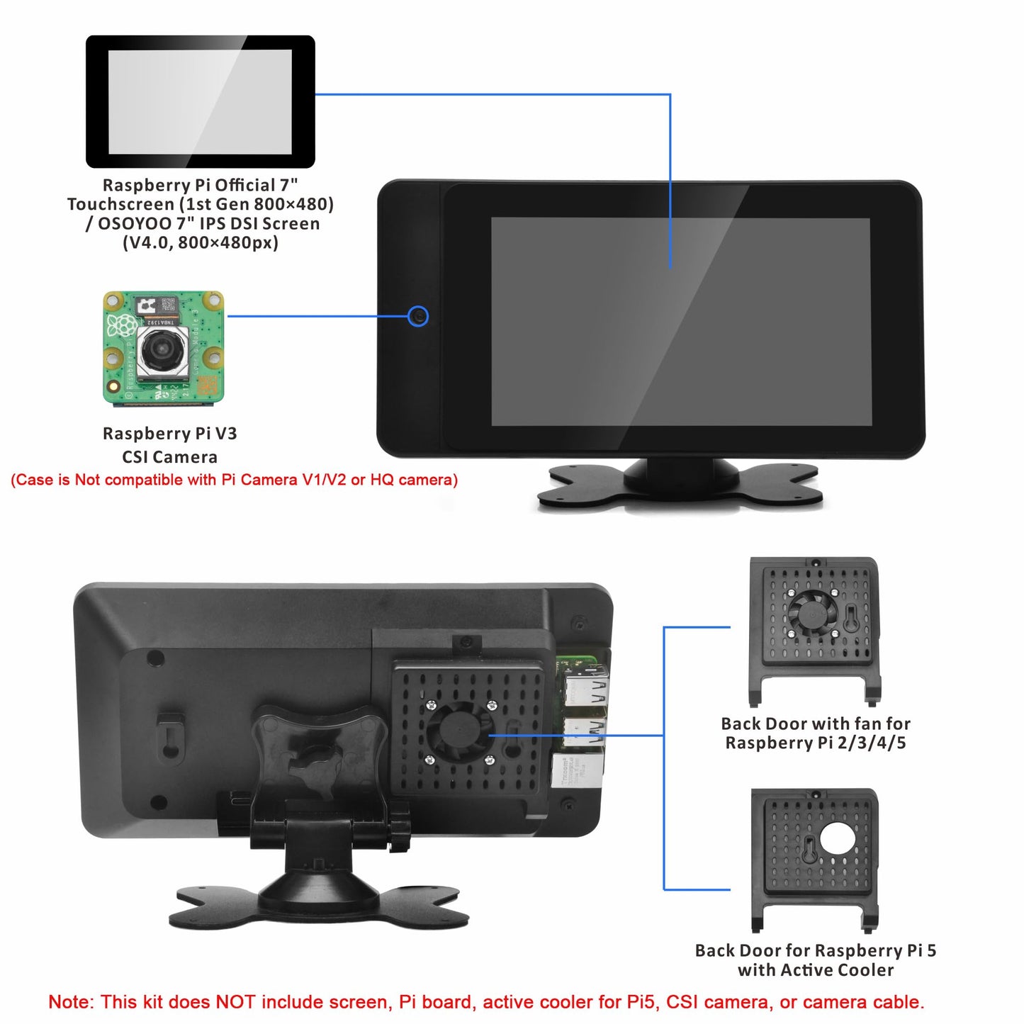 OSOYOO PiStudio Case Designed for Raspberry Pi Official 7" DSI Touchscreen (1st Gen 800x480) & OSOYOO 7" IPS 800×480 DSI Screen – Wall and Desk Mount Stand for Pi 5/4/3 – Friendly Durable Workstation