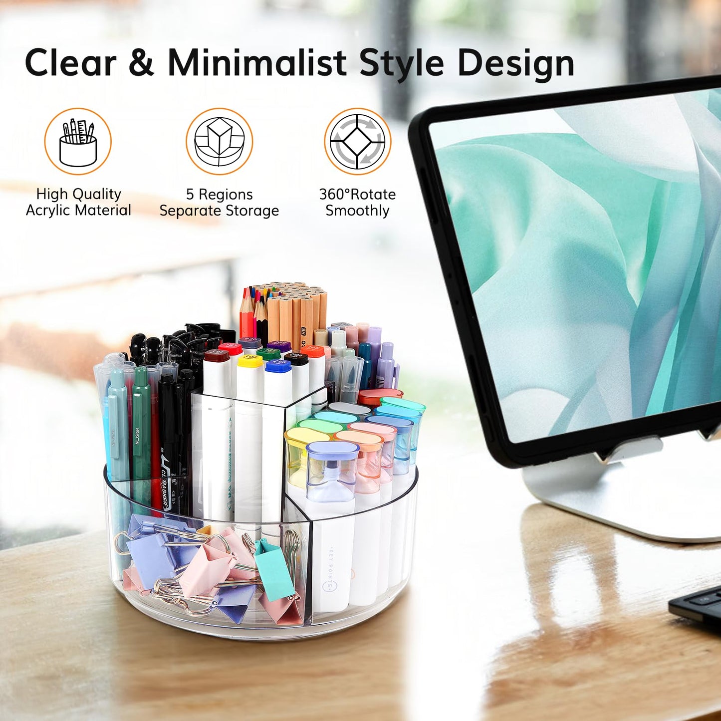Hiborateed Rotating Pencil Holder for Desk, 5 Slots 360-Degree Spinning Acrylic Pen Holder for Desk, Marker Holder Caddy Art Supply Organizer Pen Organizer for Office Home School