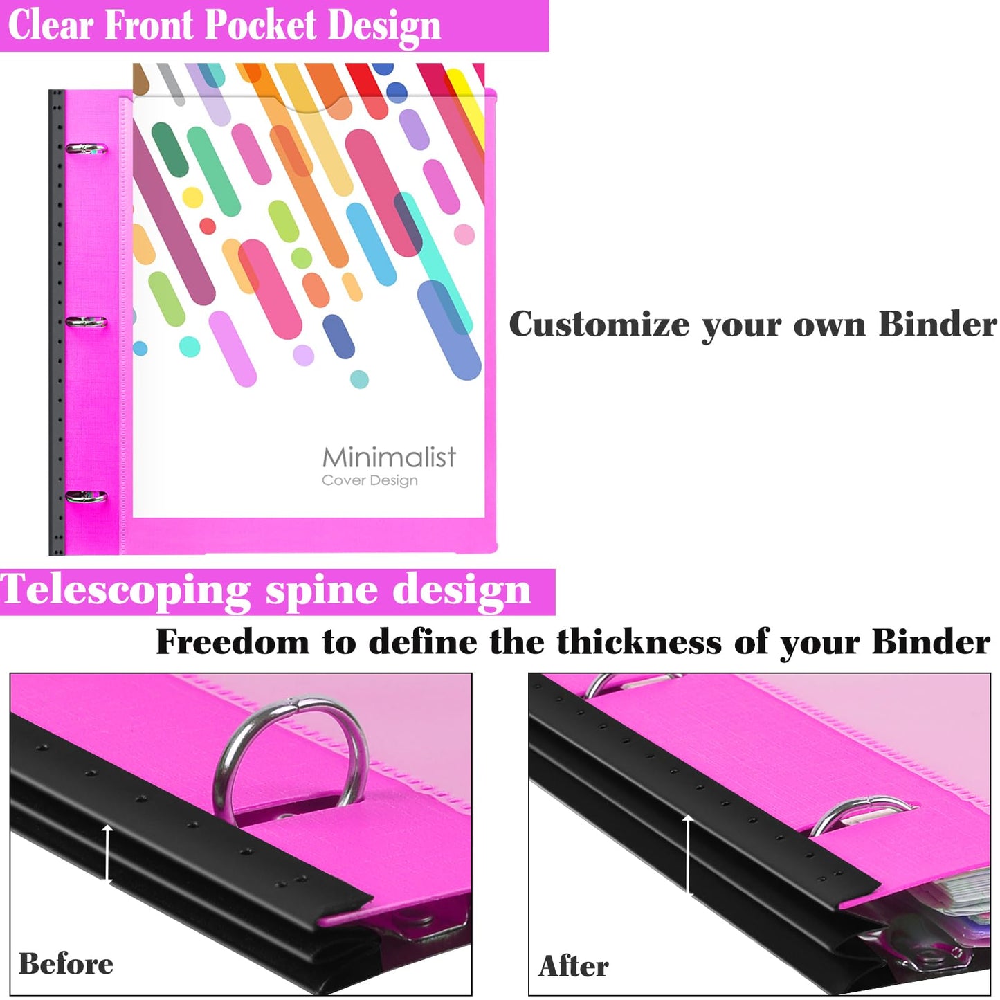 INFUN 1 Inch 3-Ring Telescoping Project Organizer Binder,13 Pocket, Customizable Front Cover, 5 Colors Pocket Divider and Plastic Binder Pocket，225 Sheet Capacity-Pink
