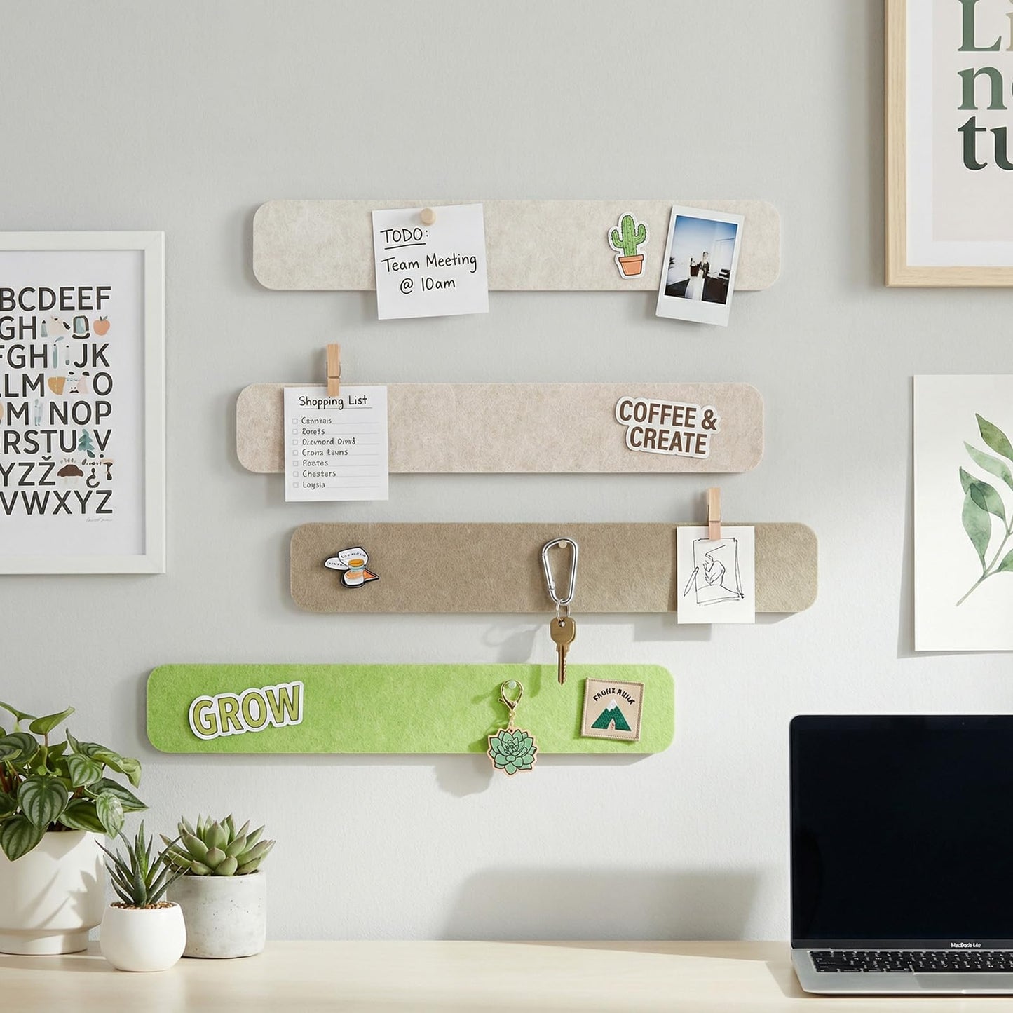 Thboxes 8 Pack Felt Bulletin Board Strips, 13x2 Inch Self Adhesive Felt Pin Boards with 50 Pushpins and 10 Wooden Clips Push Pins, Cork Board for Walls Home Office Decor(Natural Earth Tones)