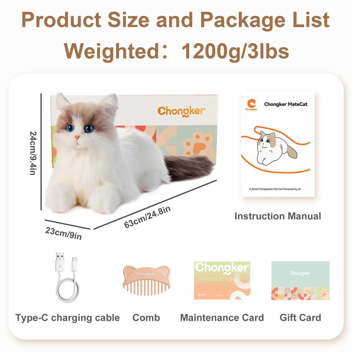 Chongker 24.8" Interactive Robot Cat Plush Stuffed Animal Interactive Pet with Touch Control, Kitten Electronic Pet Robotic Kitty Toy (Interactive Cat 1.1)