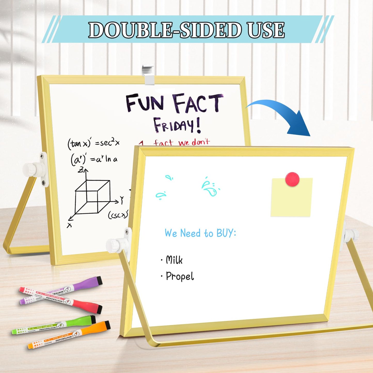 AMUSIGHT Magnetic Dry Erase White Board, 12" x 8" Double-Sided Golden Aluminum Frame Desktop Whiteboard with Stand, Portable Small Whiteboard Set for Drawing, Office, Home, School