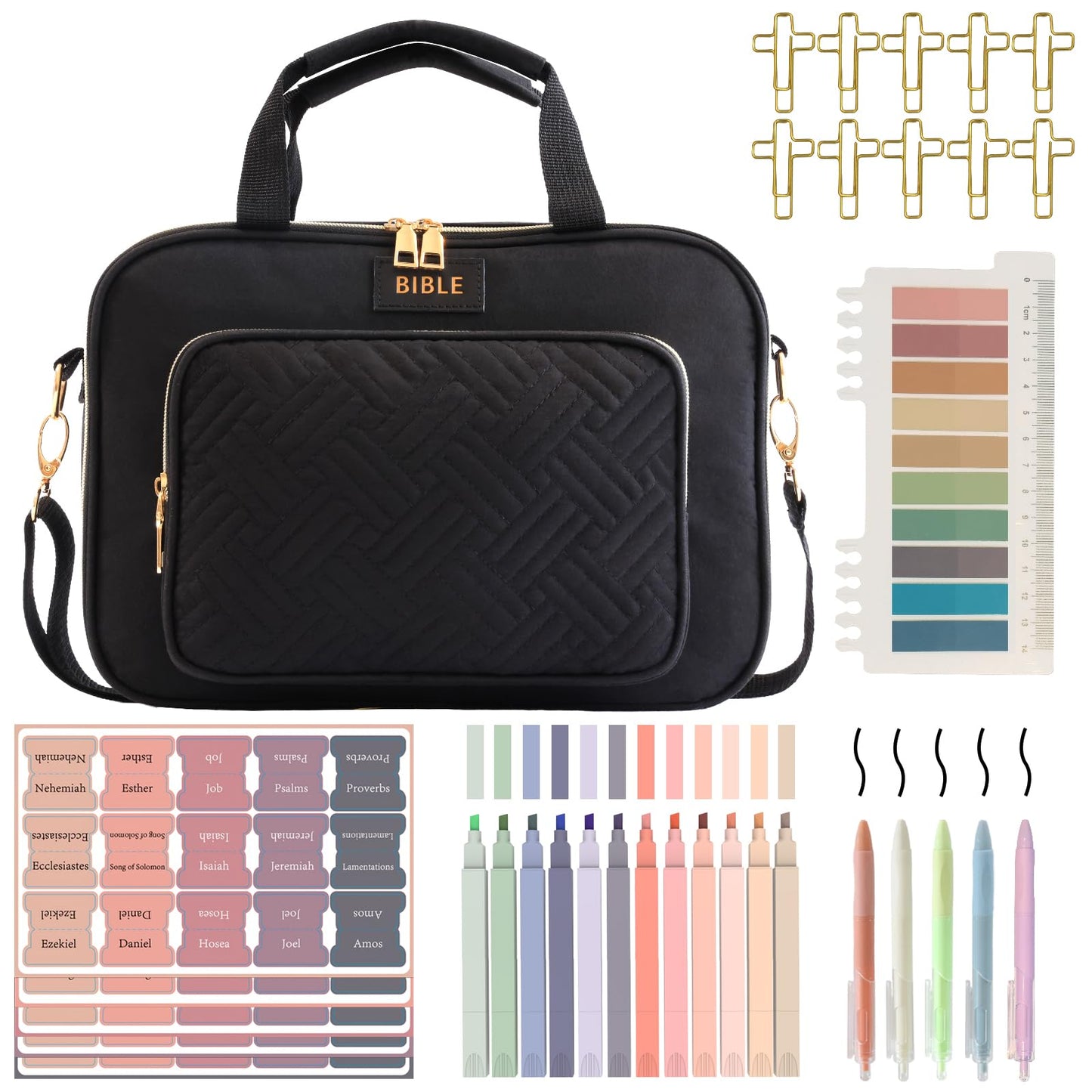 Bible Cover for Women Bible Case, Large Bible Bag, Bible Study Supplies Bible Journaling Kit Book Carrying Case with Bible Highlighters Tabs, Valentines Day Christian Gifts for Women (Black)