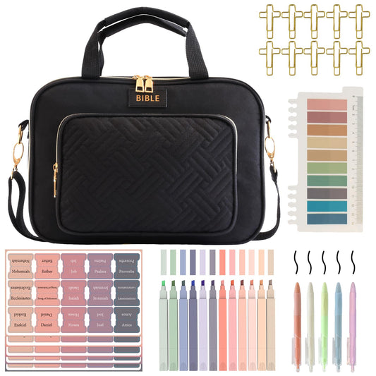 Bible Cover for Women Bible Case, Large Bible Bag, Bible Study Supplies Bible Journaling Kit Book Carrying Case with Bible Highlighters Tabs, Valentines Day Christian Gifts for Women (Black)