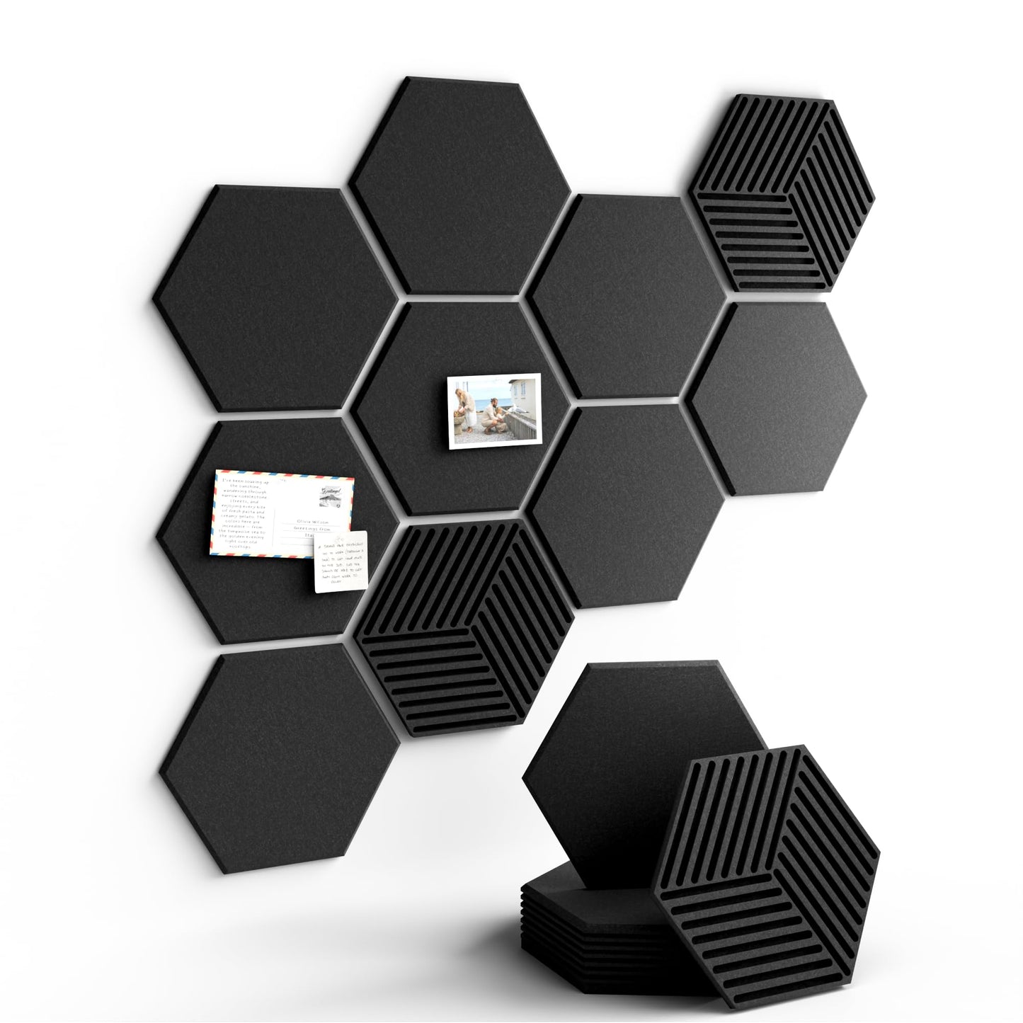 Fluxynara Hexagon Cork Board Alternative for Walls Decor-10-Pack Felt Bulletin Board Tiles,with 30 Pushpins,50 Adhesive Tabs for Office,Classrooms & Home Pin Board Felt Board-Black