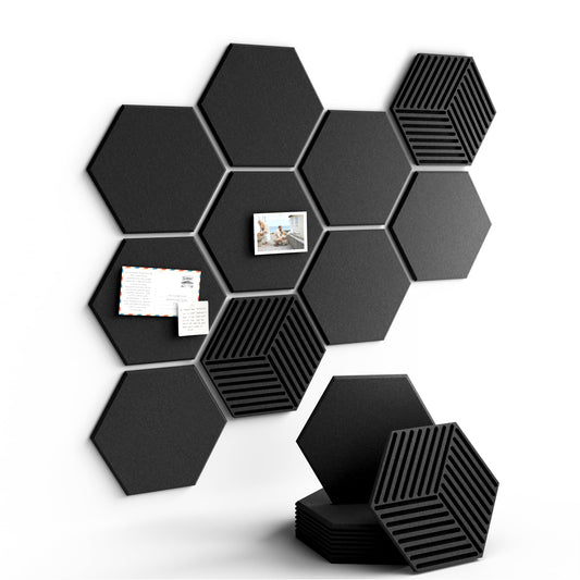 Fluxynara Hexagon Cork Board Alternative for Walls Decor-10-Pack Felt Bulletin Board Tiles,with 30 Pushpins,50 Adhesive Tabs for Office,Classrooms & Home Pin Board Felt Board-Black