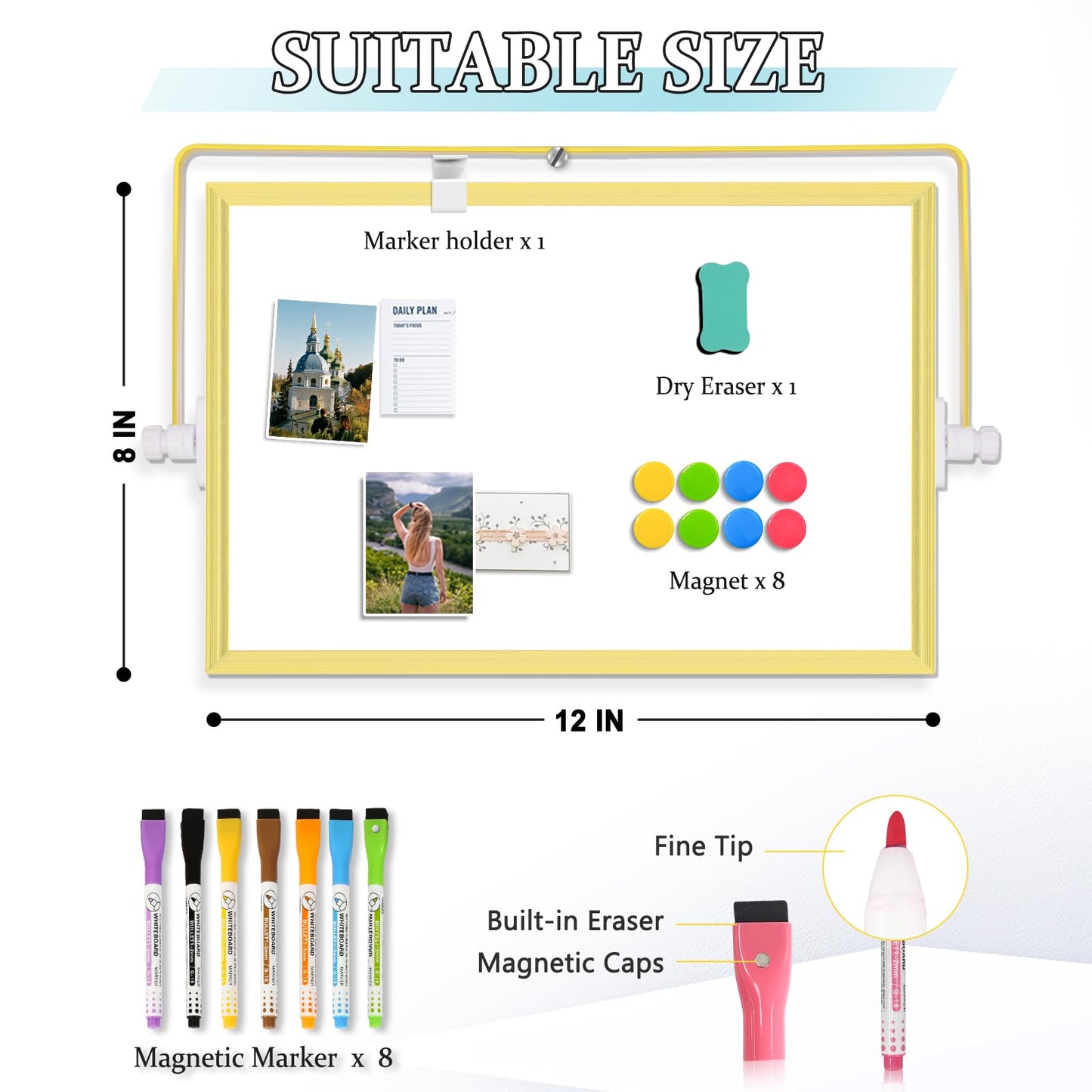 AMUSIGHT Magnetic Dry Erase White Board, 12" x 8" Double-Sided Golden Aluminum Frame Desktop Whiteboard with Stand, Portable Small Whiteboard Set for Drawing, Office, Home, School