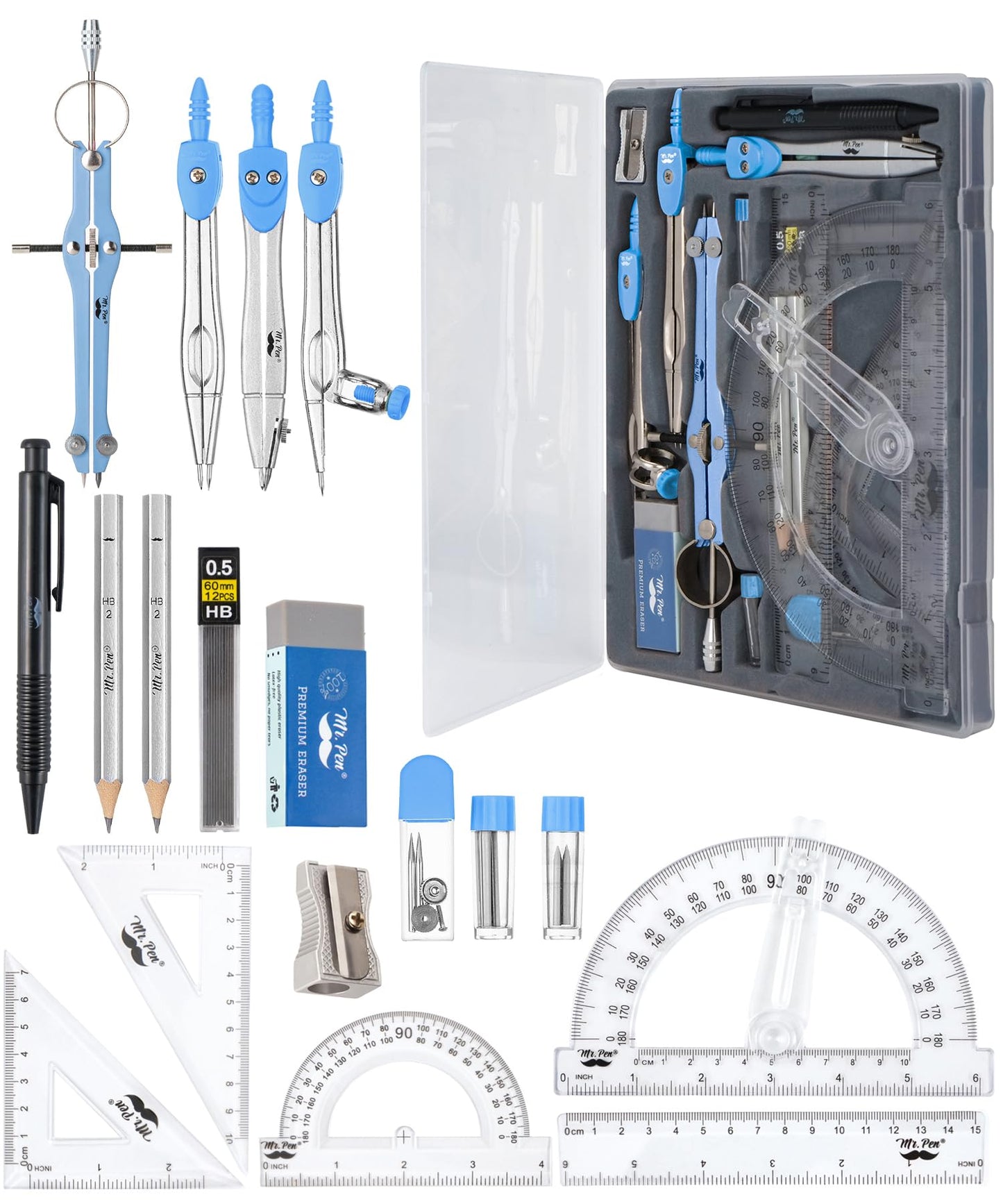 Mr. Pen- Geometry Set, 15 pcs, Blue, 6 Inch Swing Arm Protractor, Divider, Set Squares, Ruler, Compasses and Protractor