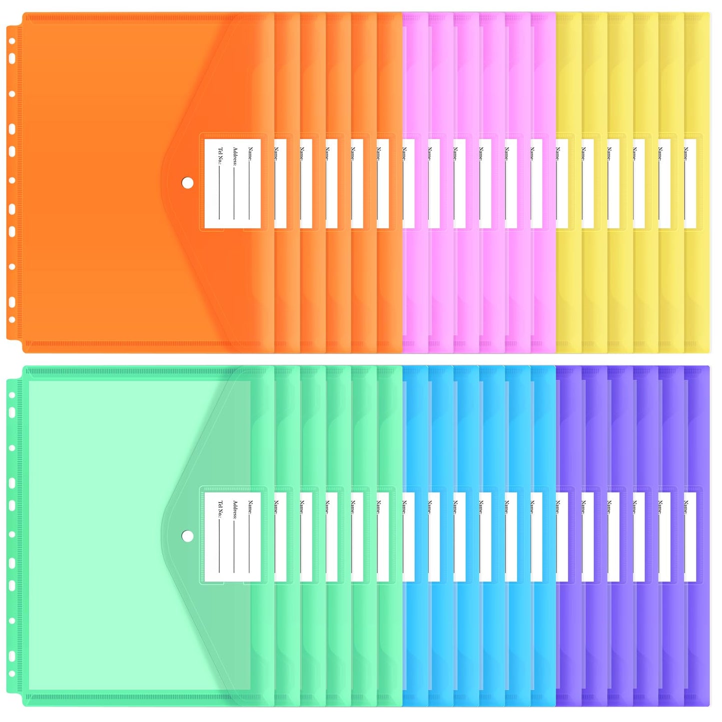 EOOUT 30pcs Binder Sleeves, Binder Pockets for 3 Ring, Binder Folders, 11 Holes, Letter Size, Snap Button Pouch with Label for School, Home and Office