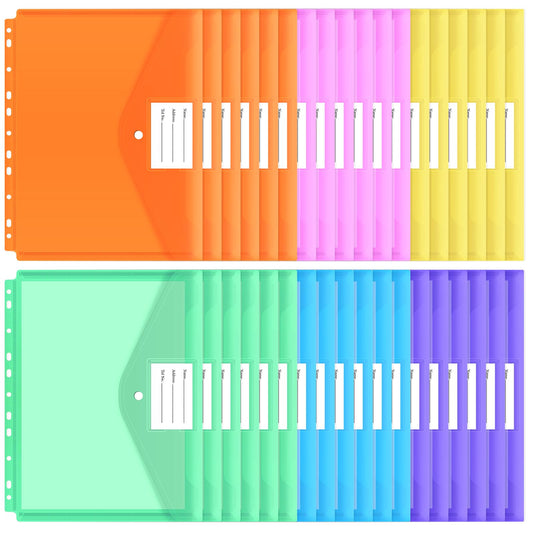 EOOUT 30pcs Binder Sleeves, Binder Pockets for 3 Ring, Binder Folders, 11 Holes, Letter Size, Snap Button Pouch with Label for School, Home and Office