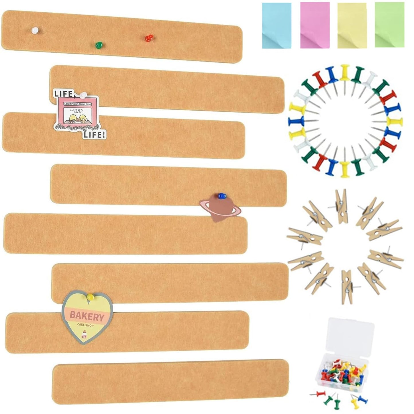 Vuzvuv 8 pcs Bulletin Board Bar Strips with 50 Pushpins & 10 Wooden Clip pins，Self Adhesive Cork Board for Wall，Felt Pin Board for School，Office Decor(Camel-Brown)