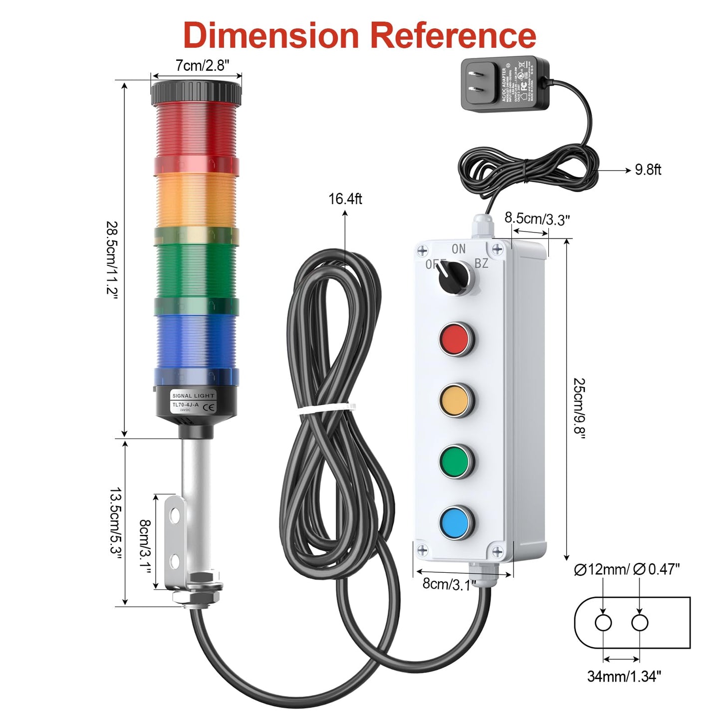 4 Stack Super Bright LED Andon Tower Light with Buzzer, 24VDC Red/Yellow/Green/Blue, Off-ON Switch, 16.4ft Extension Cord, 9.8ft Power Adapter, Plug Play Ready, for Factory Automation & Safety Alarms