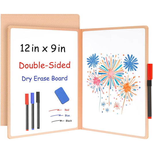 WALGLASS Double-Sided Small White Board Dry Erase, 12'' x 9'' Portable Reusable Whiteboard Notebook, Foldable Mini Handheld Board for Students Practice, Home, School, Office, Travel - Pink PU Leather