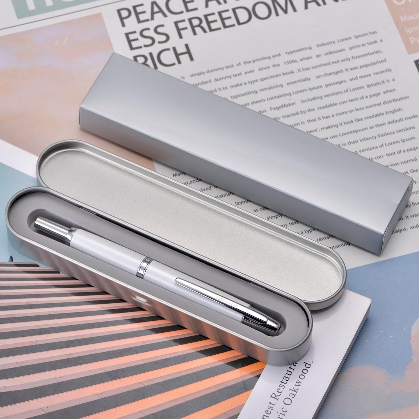 Jinhao 10 Press Fountain Pen with Box, Pearl White Retractable Extra Fine Nib with Ink Converter Set (Silver Clip)