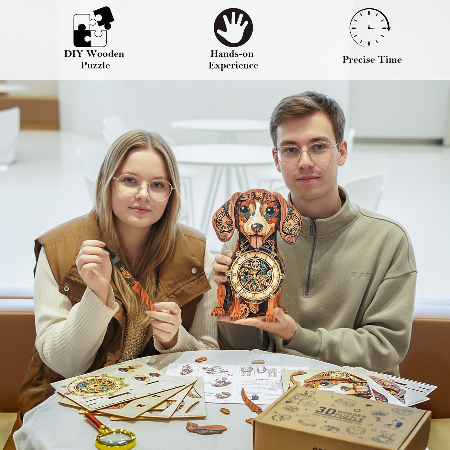 3D Wooden Puzzles for Adults, Dachshund Clock with Pendulum Model Kit, 3D Puzzles for Adults Room Home Decor DIY Wall Clock Kit, Holiday Birthday Christmas Day Gifts for Men Women Teens