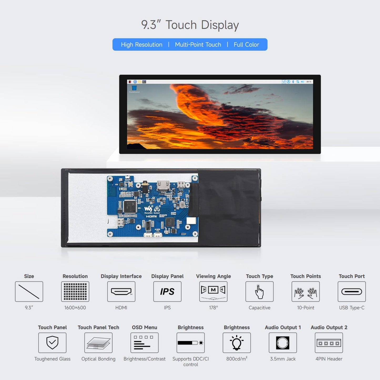 waveshare 9.3inch Capacitive Touch Display, 1600×600 Resolution, Raspberry Pi 5/4B/3B/Zero/Zero W/Zero 2W/Pico/Pico W/Pico WH, Support Jetson Nano/Jetson Orin Nano, Supports Windows 11/10/8.1/8/7