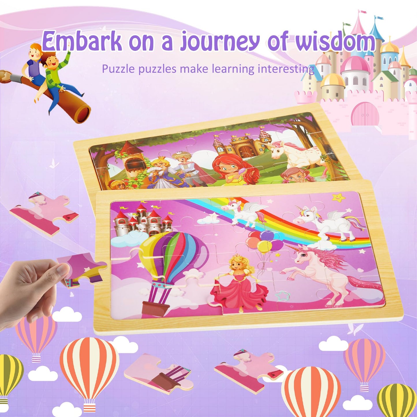 Wooden Puzzles Toys for Kids Ages 3-5, Set of 4 Packs with 20-Piece Unicorn Mermaid Princess Wood Jigsaw Puzzles, Preschool Educational Brain Teaser Toys for Girls 3 4 5 6 Years Old.