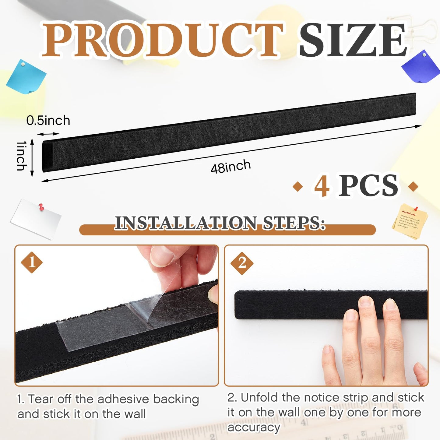Mooliwe 4 Pcs 48" x 1" Foldable Felt Cork Strips Bulletin Bar Strip for Wall Bulletin Board Decoration, Notice Board Self Adhesive Cork Wall Decoration, Paste Note, Photo, Schedules, Office Home Decor