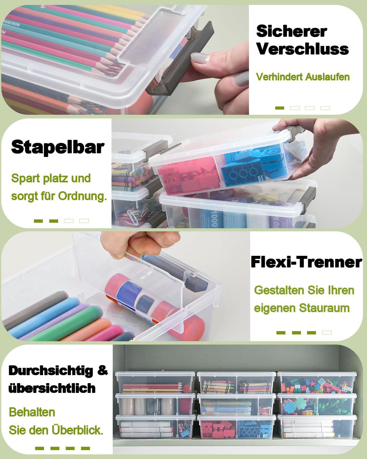 GEOPHIA 12 Pack Extra Large Pencil Box with Removable Divider, Thickened Pencil Case Bulk, Clear Crayon Marker Organizer Stackable Plastic Small Storage Containers for Pen Craft School Supplies, Multi