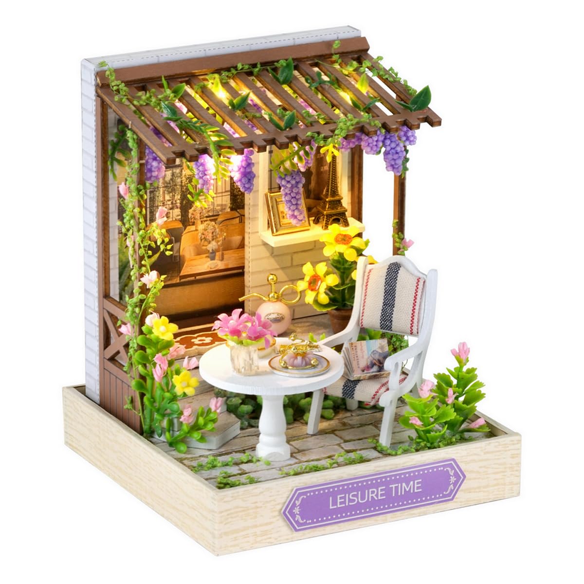 Miniature House Kit, CUTEROOM Tiny House Kit Wooden Dollhouse Kit Mini House Making Kit, DIY Dollhouse Kit Birthday Gift -Leisure Time