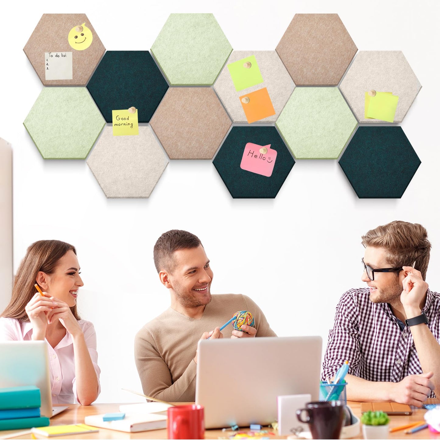 Mindsoft 32 Pcs 12'' x 10' Hexagon Felt Cork Board Tiles with 50 Wooden Push Pins, Felt DIY Bulletin Board with 4 Tape for Office School Home Wall Decor Stickers Memos Photos Display