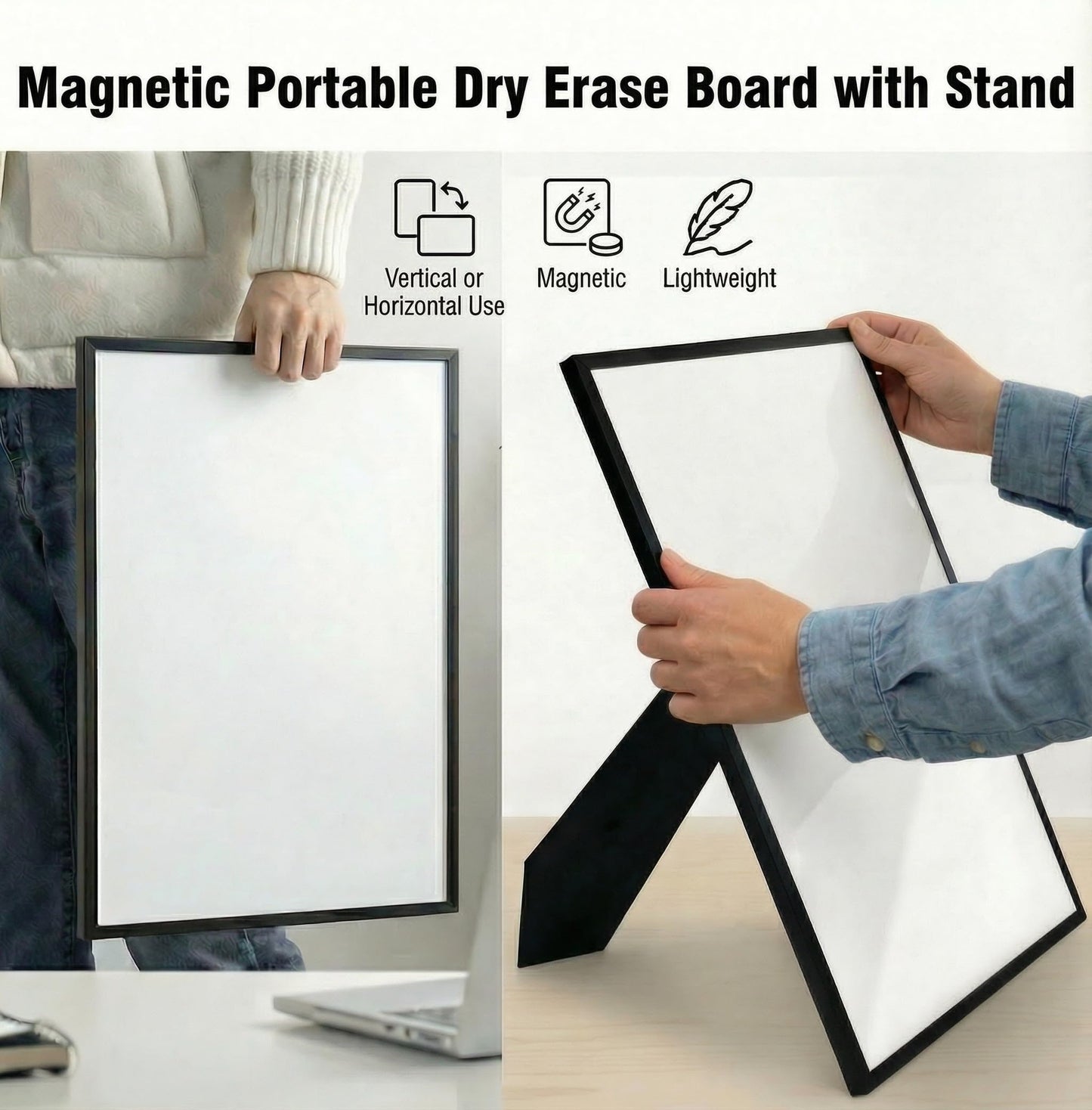 Lulu Office Magnetic Dry Erase Board 12x16 with Foldable Stand, Portable Black Desktop Whiteboard for Home, Office, School & Kitchen