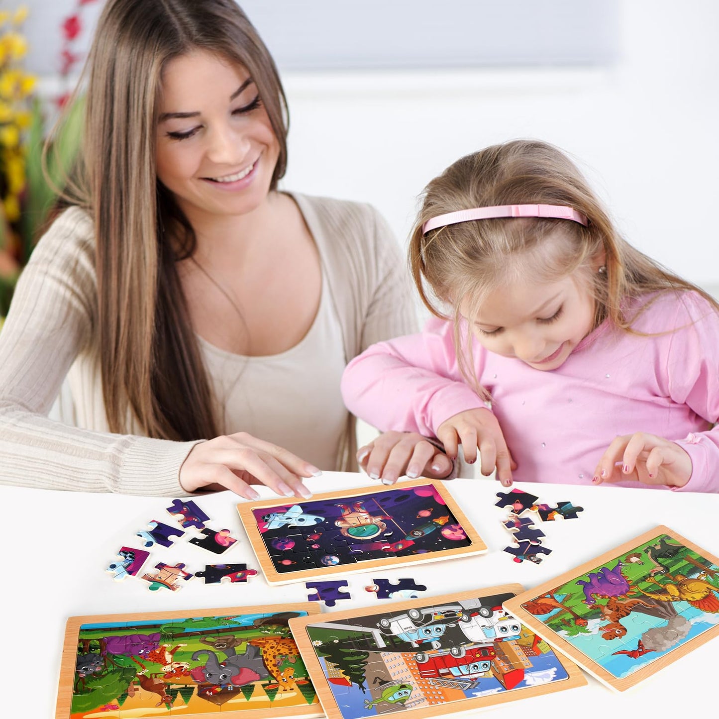 Wooden Puzzles Toys for Kids Ages 3-5, Set of 4 Packs Dinosaur, Space, Transportation Wood Toddler Puzzles, Preschool Brain Teaser Toys for Boys and Girls 2 3 4 5 6 Years Old