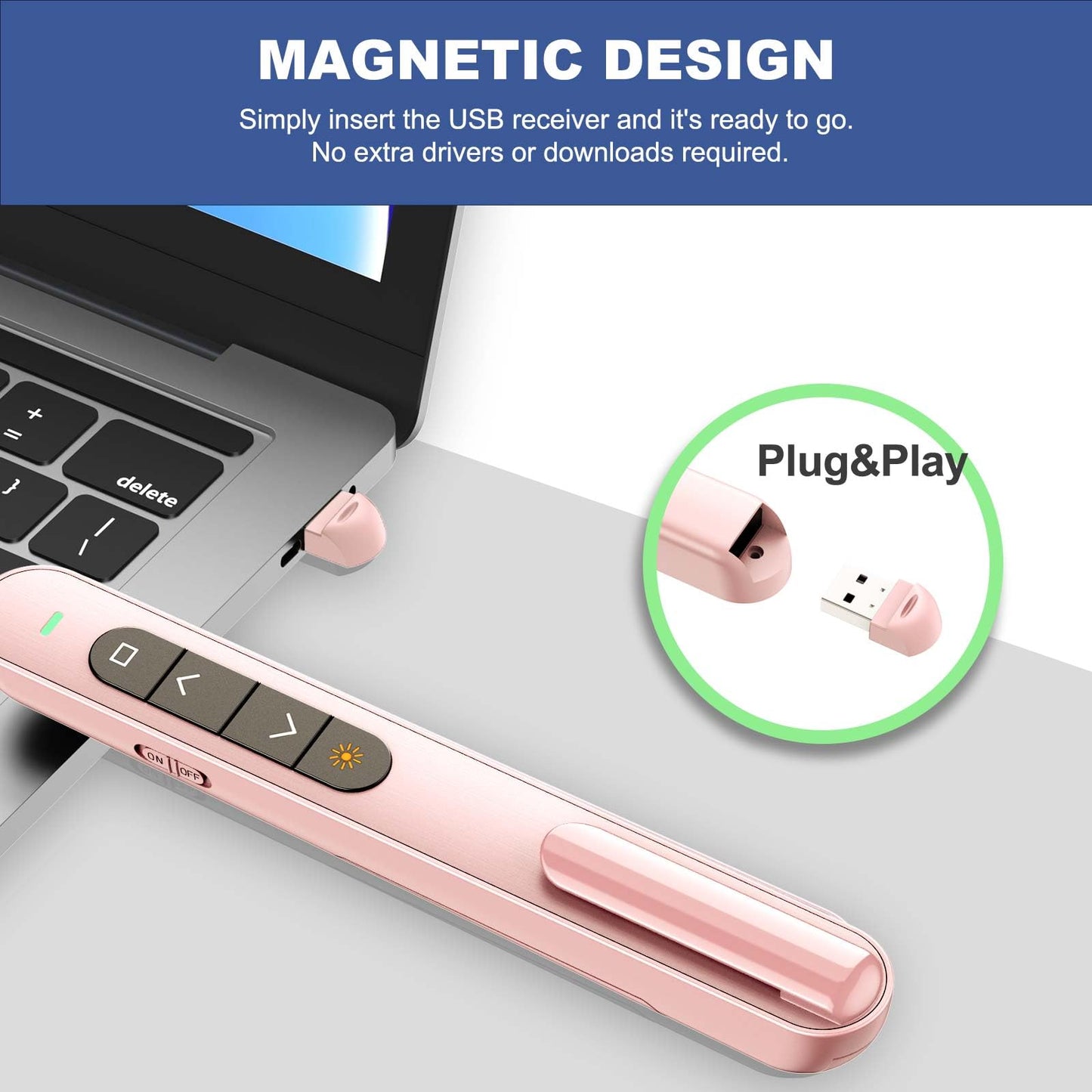 QUI Presentation Clicker with Volume Control, 2.4GHz USB Wireless Presenter Remote, PowerPoint Clicker Slide Advancer Compatible with Mac, Windows, Google Slides, Keynote
