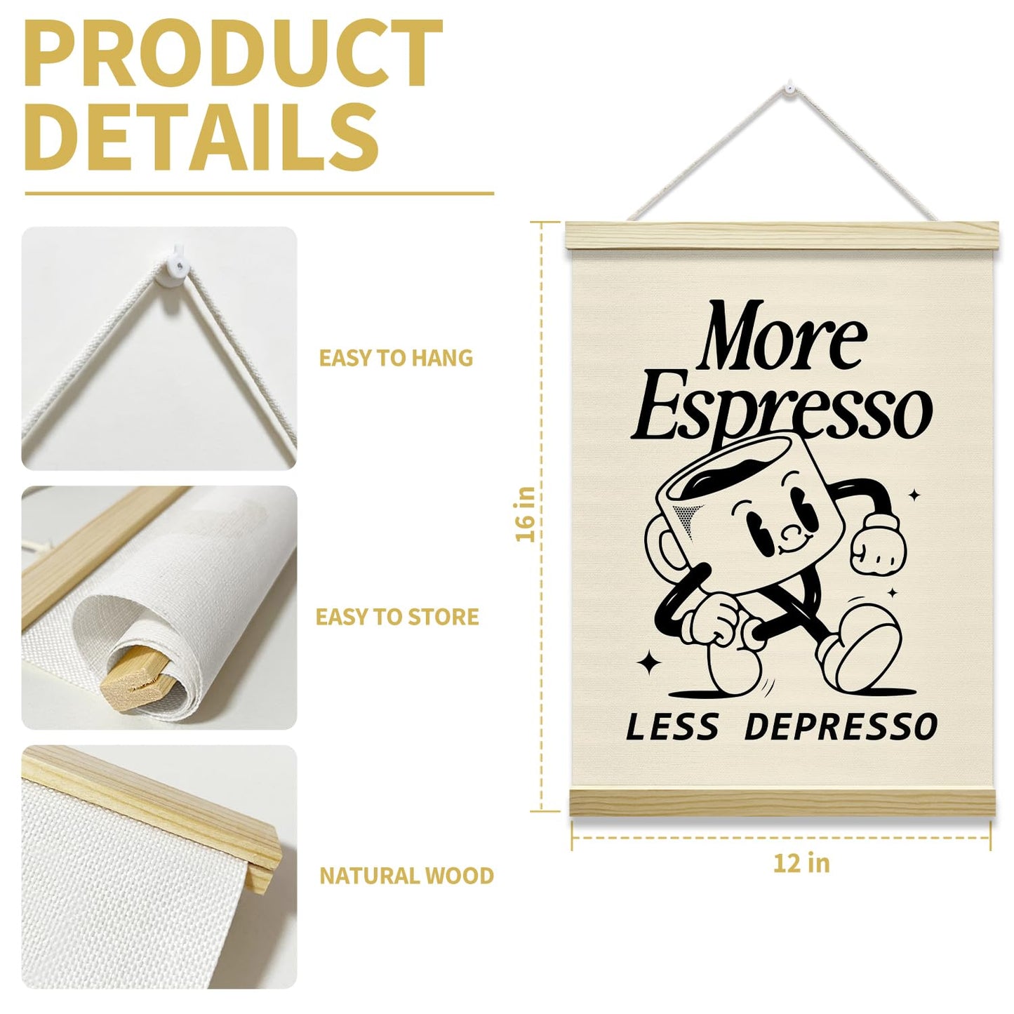 mermermu Retro Coffee Poster Hanger Frame, More Espresso Less Despresso Posters Canvas Wall Art for Cafe Office Kitchen Living Room Decor, 12x16 Inches -036