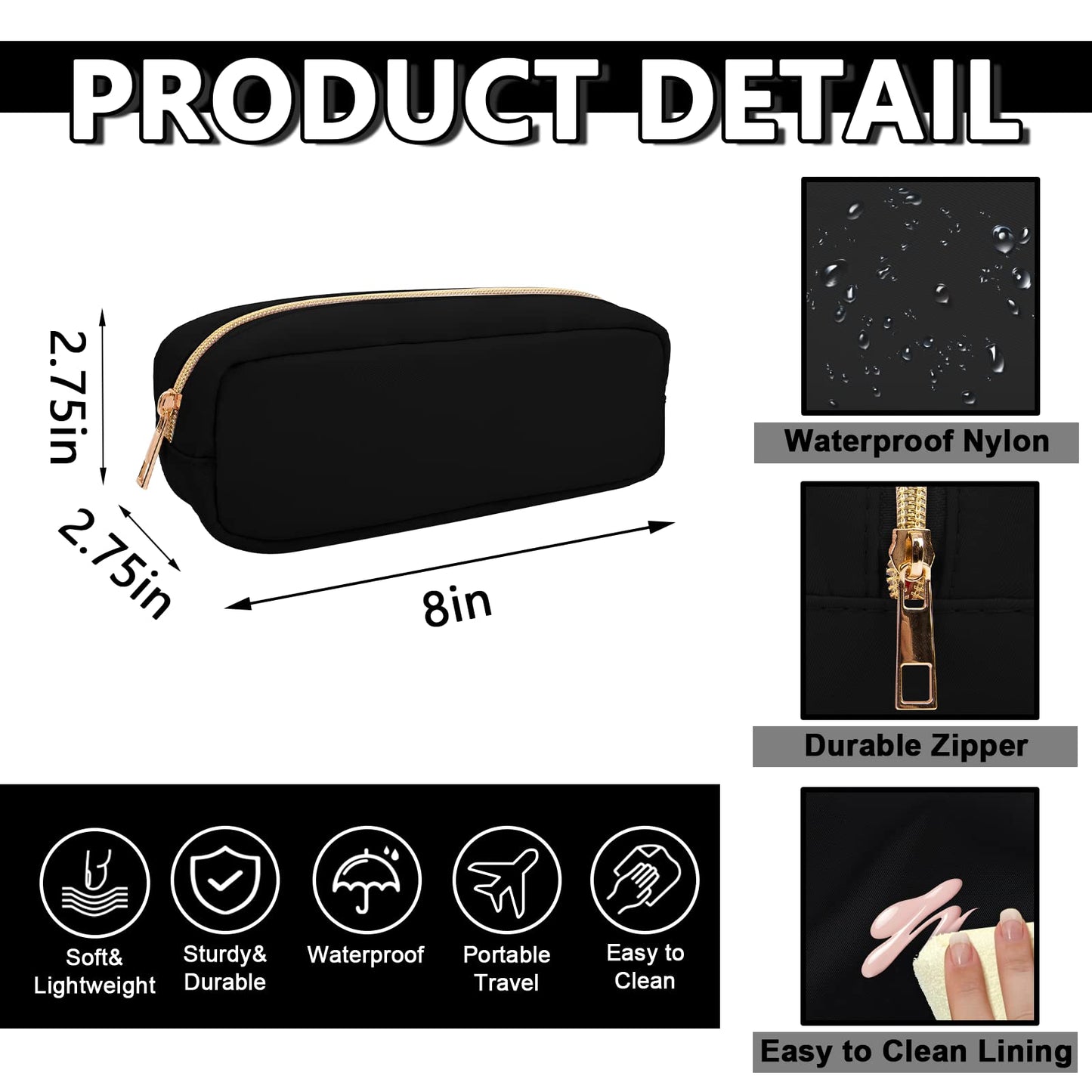 UIXIZQ Waterproof Small Pencil Case Makeup Bag for Purse,Cute Pencil Pouch Preppy Nylon Makeup Brush Holder with Zipper,Girls Portable Storage Case Small Pen Bag for Office(Slim-Black)