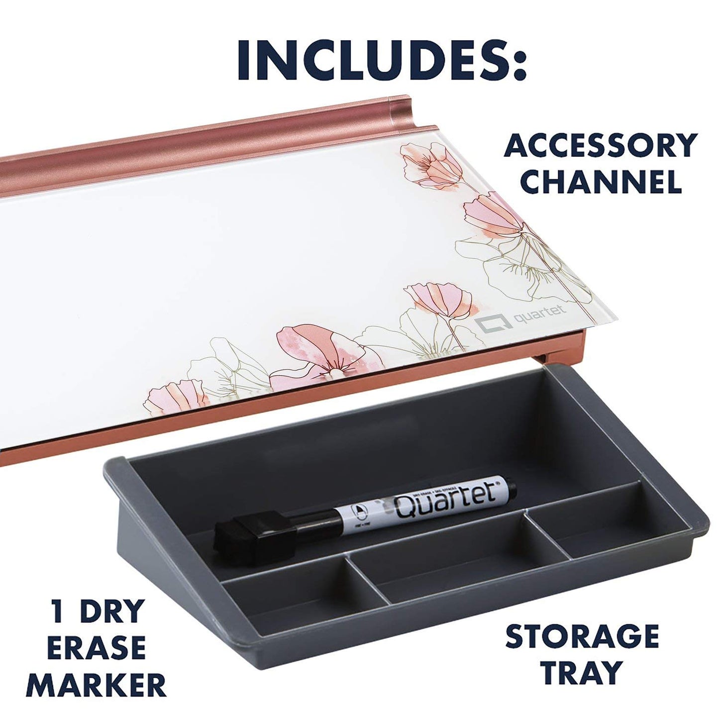 Quartet Glass Dry Erase White Board 18"W x 6"H, Compact Desktop Whiteboard with Storage Drawer, Floral (GDP186P)