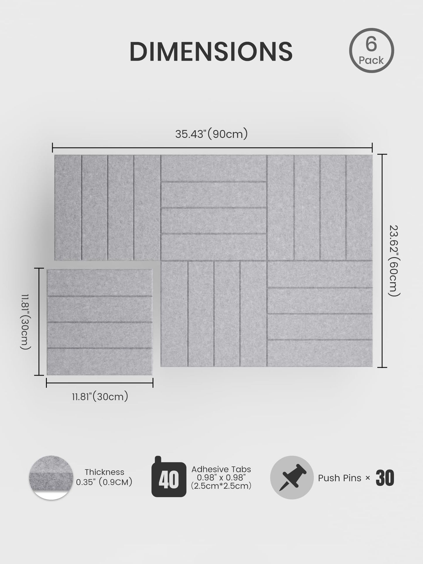 Bumusty Large Cork Board Alternative-36 x 24" Felt Bulletin Board Tiles, with 30 Pushpins, 40 Adhesive Tabs, Bold-Stripe 6-Pack, Cork Boards for Office Push Pin Board Felt Board-Soft Gray