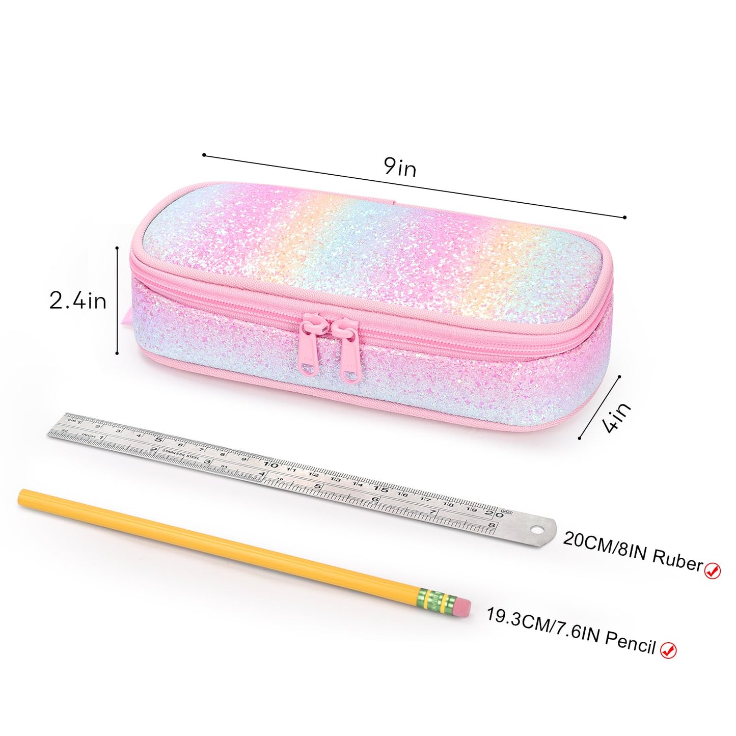 mibasies Girls Pencil Case for Kids, Multi-Slot Pencil Pouch, Pink Blue Rainbow
